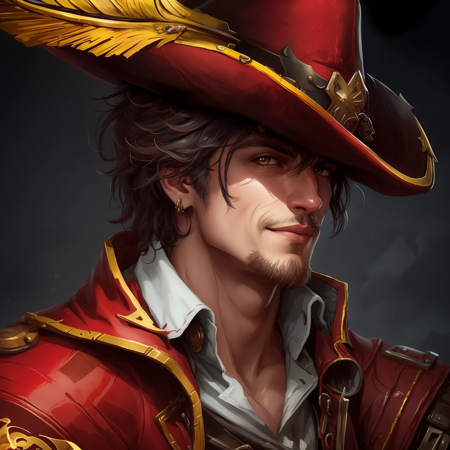 A closeup of a man wearing a red hat and a red jacket, fantasy art smug smile man, pirata da classe swashbuckler, retrato pirata, RPG retrato arte conceitual, epic exquisite character art, portrait of a bloodborne hunter, arte do retrato do personagem, epic character portrait, arte de personagem impressionante, Jean-Sebastien Rossbach, epic RPG portrait