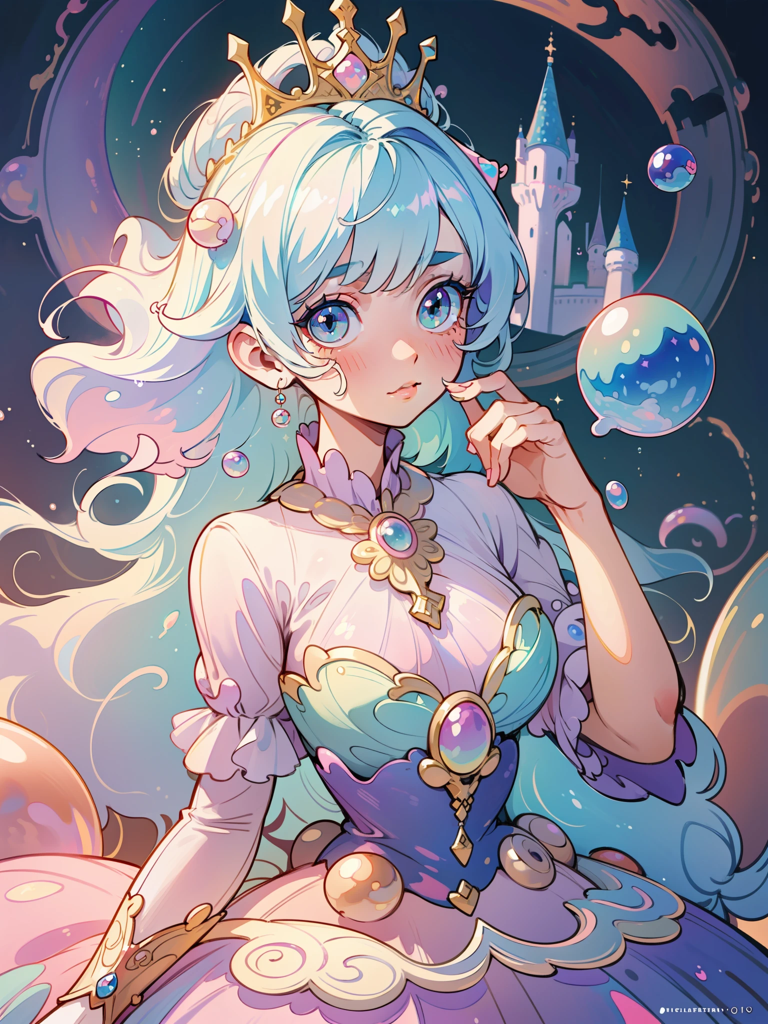 masterpiece, best quality, 8k resolution, sharp focus, intricate detail, beautiful girl, sparkling eyes, golden ratio face, otherworldly liquid, watercolor, ((pastel colors)), bright colors, whimsical, colorful, sharp focus, high resolution, fine detail, princess fantasy ballgown, ((round eyes)), iridescent bubbles, castle landscape in background