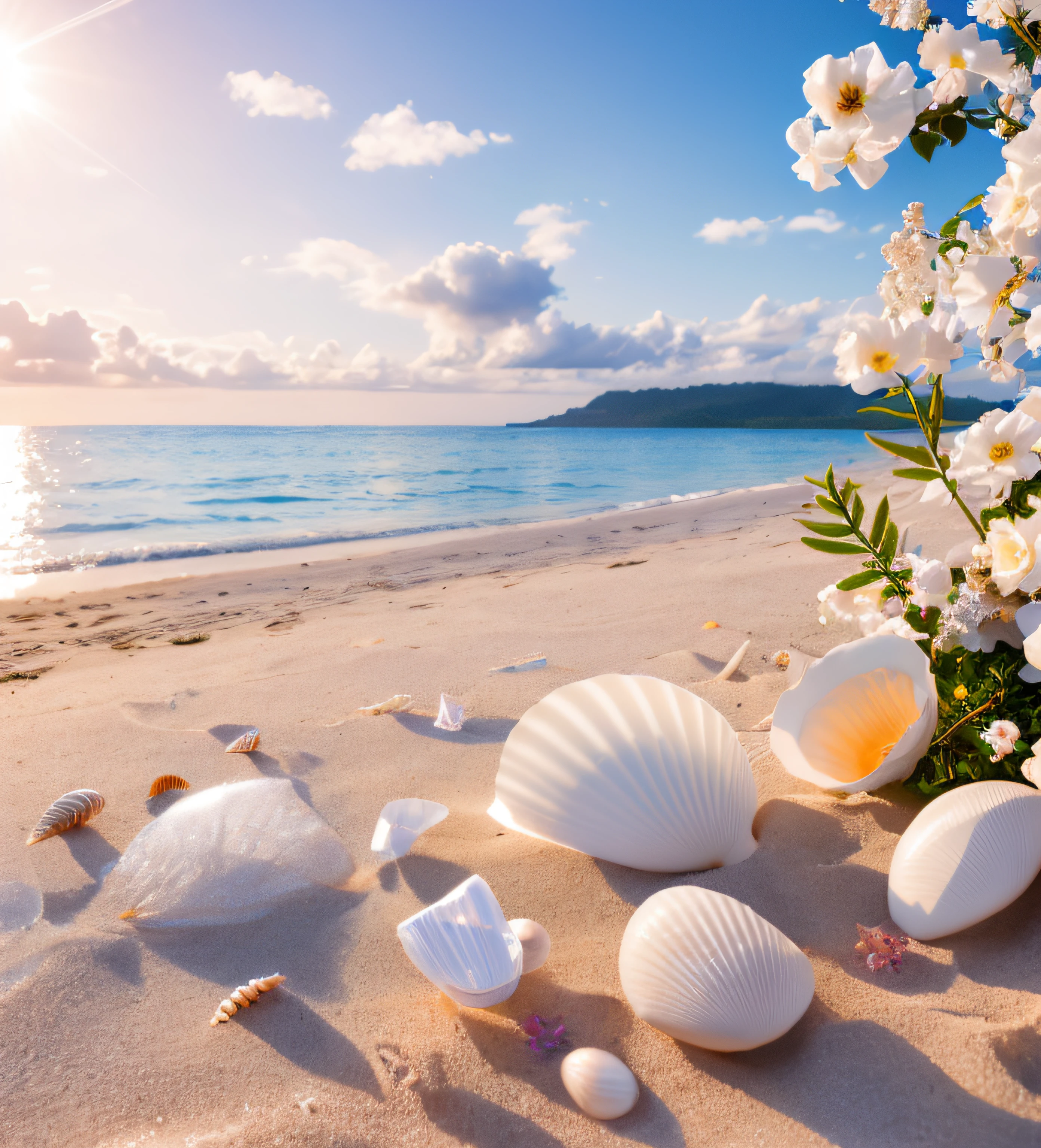 delicate scene, sky,white clouds,and sunlight shine, white beach. flowers roses and shiny large shells, diamond crystal, on the beach, fantasy, sky night , moon, smoke , photo, HD, 8K , realistic, HD, intricate, 8k, highly detailed,fun, sharp focus,