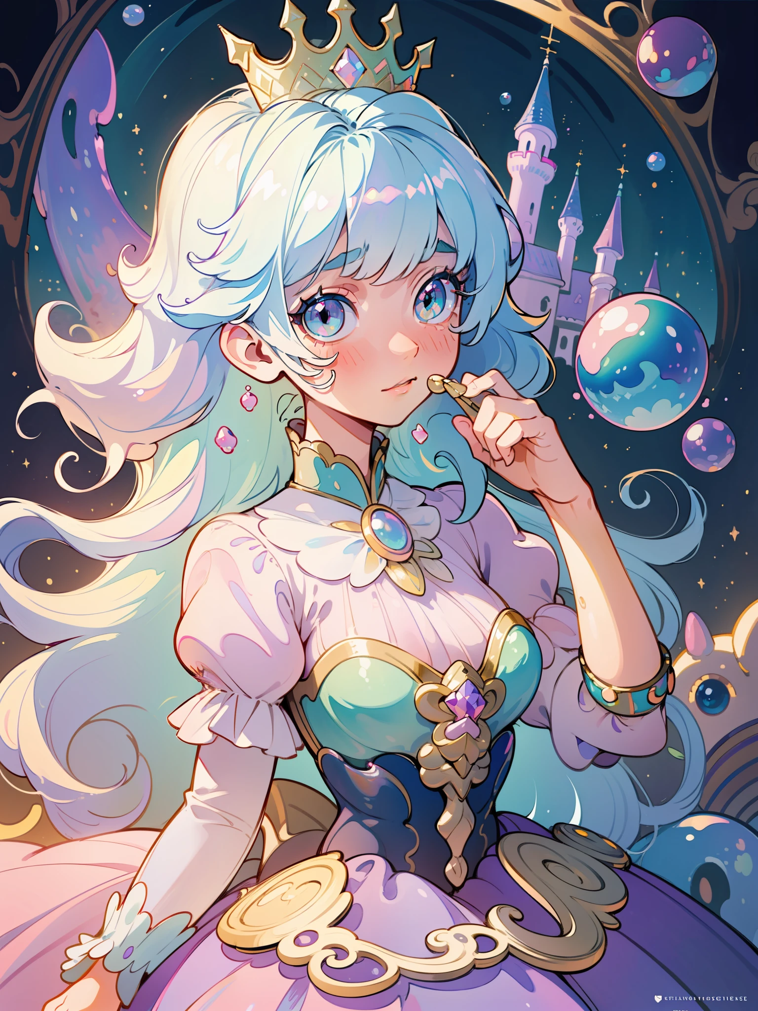 masterpiece, best quality, 8k resolution, sharp focus, intricate detail, beautiful girl, sparkling eyes, golden ratio face, otherworldly liquid, watercolor, ((pastel colors)), bright colors, whimsical, colorful, sharp focus, high resolution, fine detail, princess fantasy ballgown, ((round eyes)), iridescent bubbles, castle landscape in background