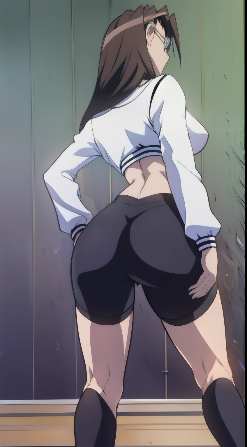 Koyomi Mizuhara, brown hair, long hair, glasses, nose, white long-sleeved shirt, red tight biker shorts/White and black biker shorts, black high socks, shoes, bid breasts, wallpaper, luscious lips, curvy waistline, view from back, standing, 90’s photo shoot, looking at viewer, tease, firm ass, athletic, abs,“feeling good”, gravure, sexy back of view, skin tight, high cut Thong, female focus, nice ass, hands on her back/waist Gym background, excited