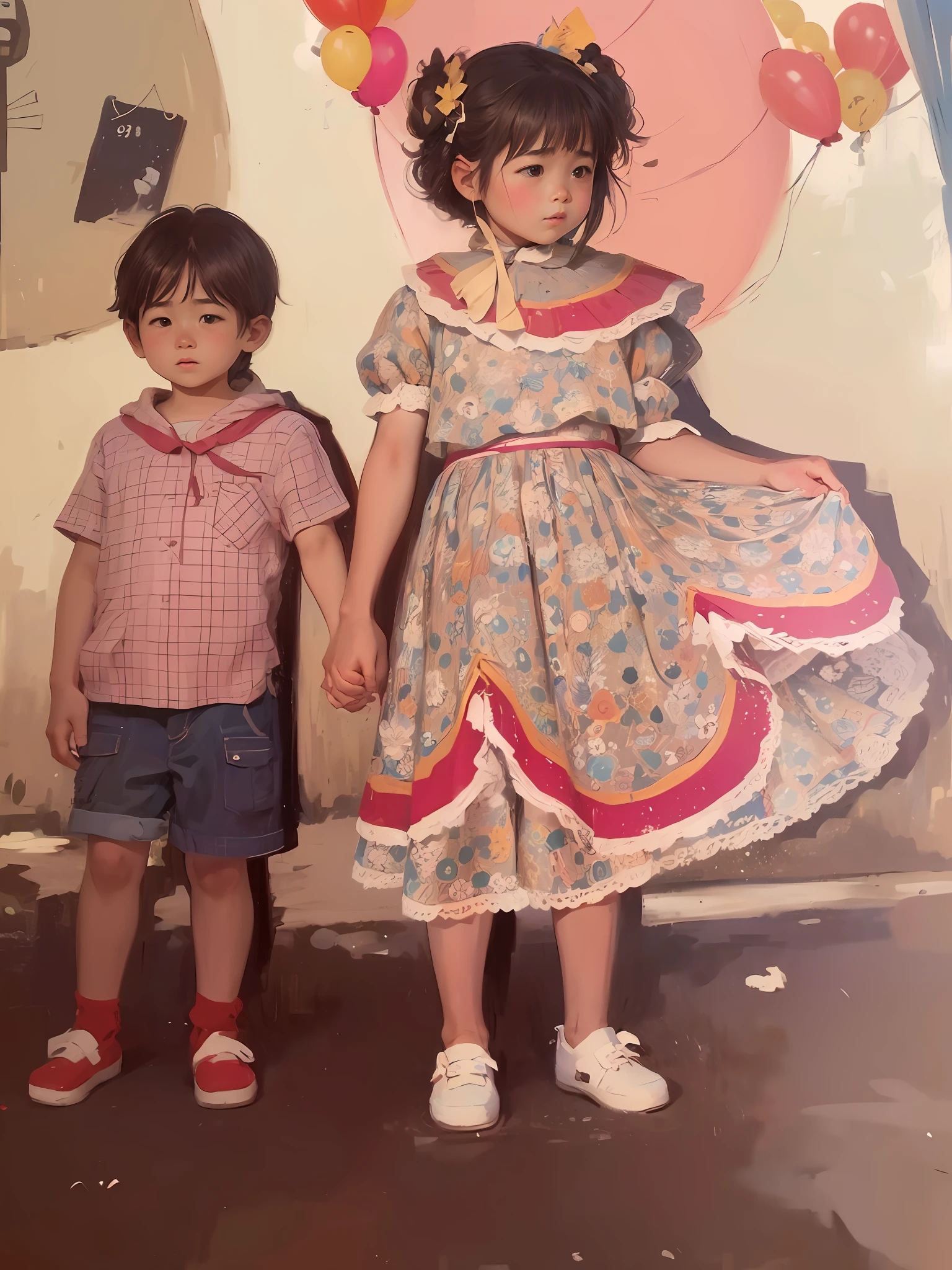 (There are two children standing next to each other holding hands, imagem antiga, childhood friend, foto antiga, quatro anos, artista desconhecido, foto de estilo antigo, historical picture, unknown location, foto colorida antiga, usando um vestido maravilhoso, foto muito antiga, fotografia antiga, childhood memory, orridente, fine facial features, balloons flying in the sky, sol, Clean blue sky and white clouds, Prados, 夏天