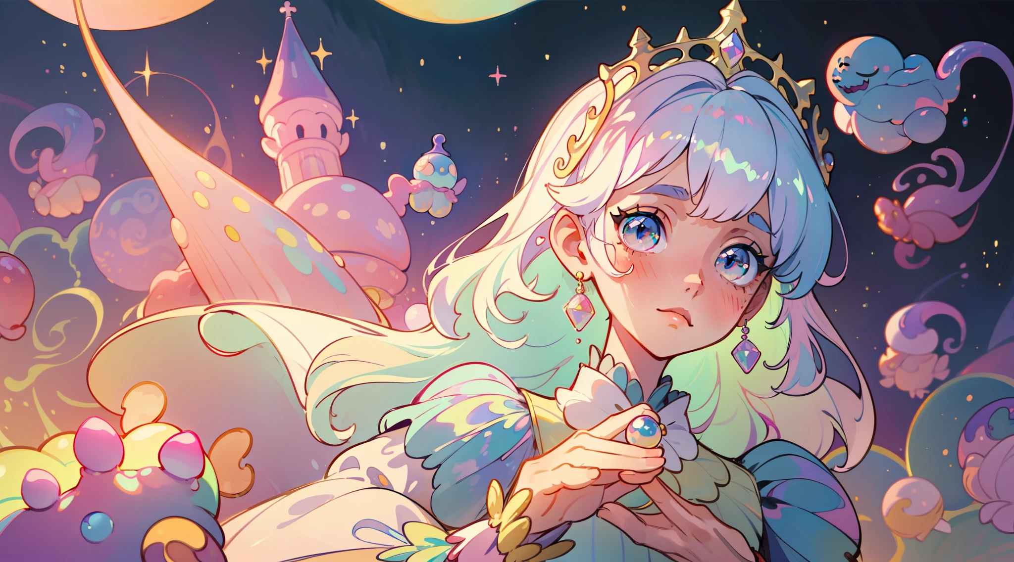 masterpiece, best quality, 8k resolution, sharp focus, intricate detail, beautiful girl, sparkling eyes, golden ratio face, otherworldly liquid, watercolor, ((pastel colors)), bright colors, whimsical, colorful, sharp focus, high resolution, fine detail, princess fantasy ballgown, ((round eyes)), iridescent bubbles, castle landscape in background