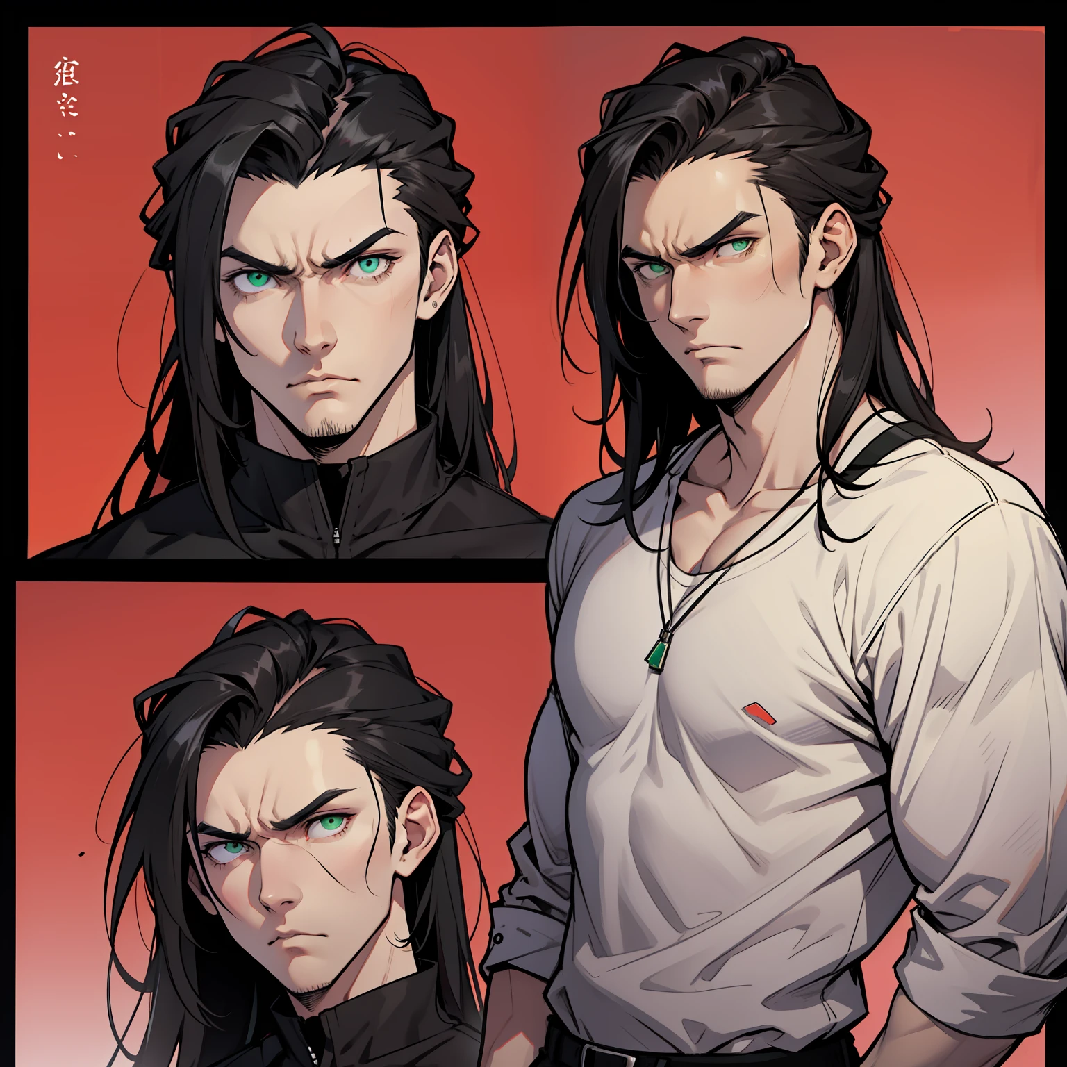 Handsome man, emerald eyes, black hair, long black hair, pale skin, casual clothes, bara, sad expression, going through breakup, angry face
