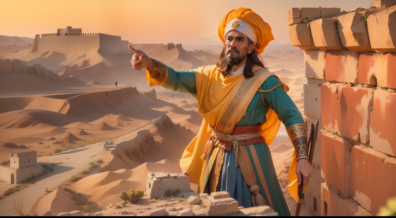 Imagem frontal, natural  lightting, hora dourada, Canaanite leader behind the parapet of the wall of a fortress in the desert pointing forward, expression of anger, Historical clothing, 4k, HDR