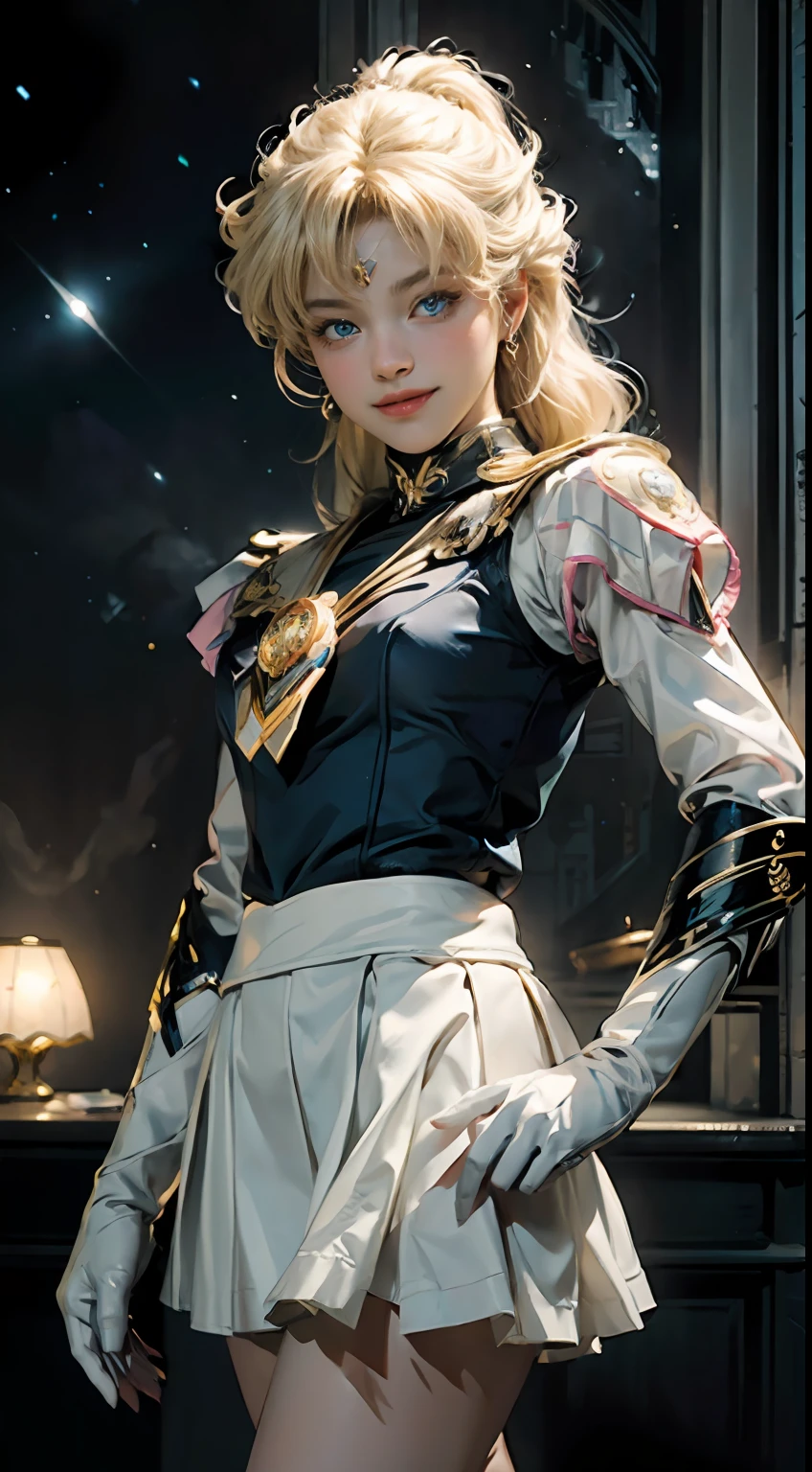 (Extreme detail CG Unity 8K wallpaper, masterpiece, highest quality), (exquisite lighting and shadow, highly dramatic picture, cinematic lens effect), (Sailor Moon: 1.1), charming smile, double tail, blue eyes, blond hair, tight top, white gloves, mini skirt, dynamic pose), the background is the universe (excellent detail, excellent lighting, wide angle), (excellent rendering, enough to stand out in its class),