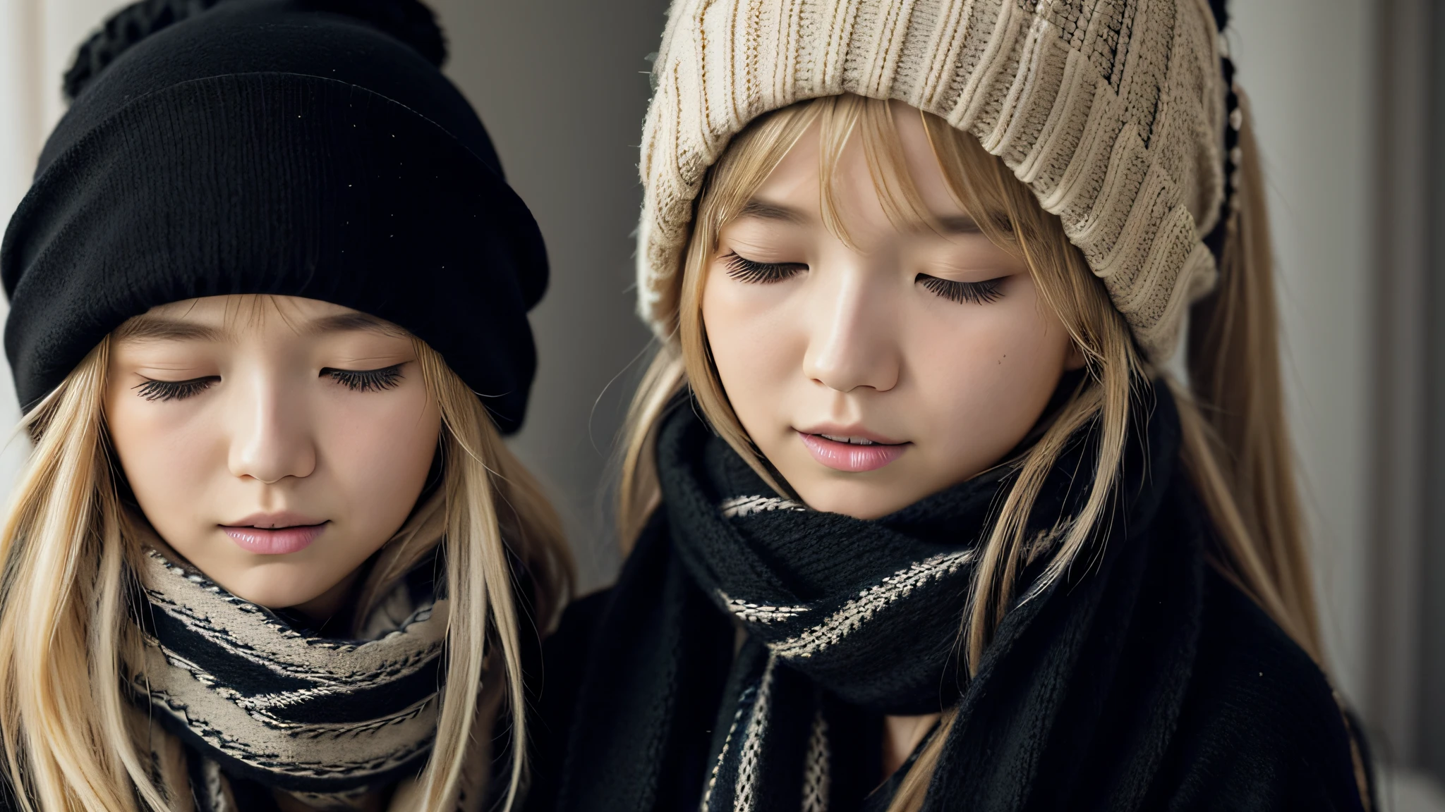 GIRL BLONDE CHILD with long hair wearing a scarf and a hat, sleepy fashion model face, sleepy, sleepy expression, Marisa Kirisame, wearing cute black scarf, prettier, sleeping, sick with a cold, Lalisa Manobal, Misa Amane*, very tired woman, sleeping, Takeyuki Kanda, Lalisa Manoban of blackpink