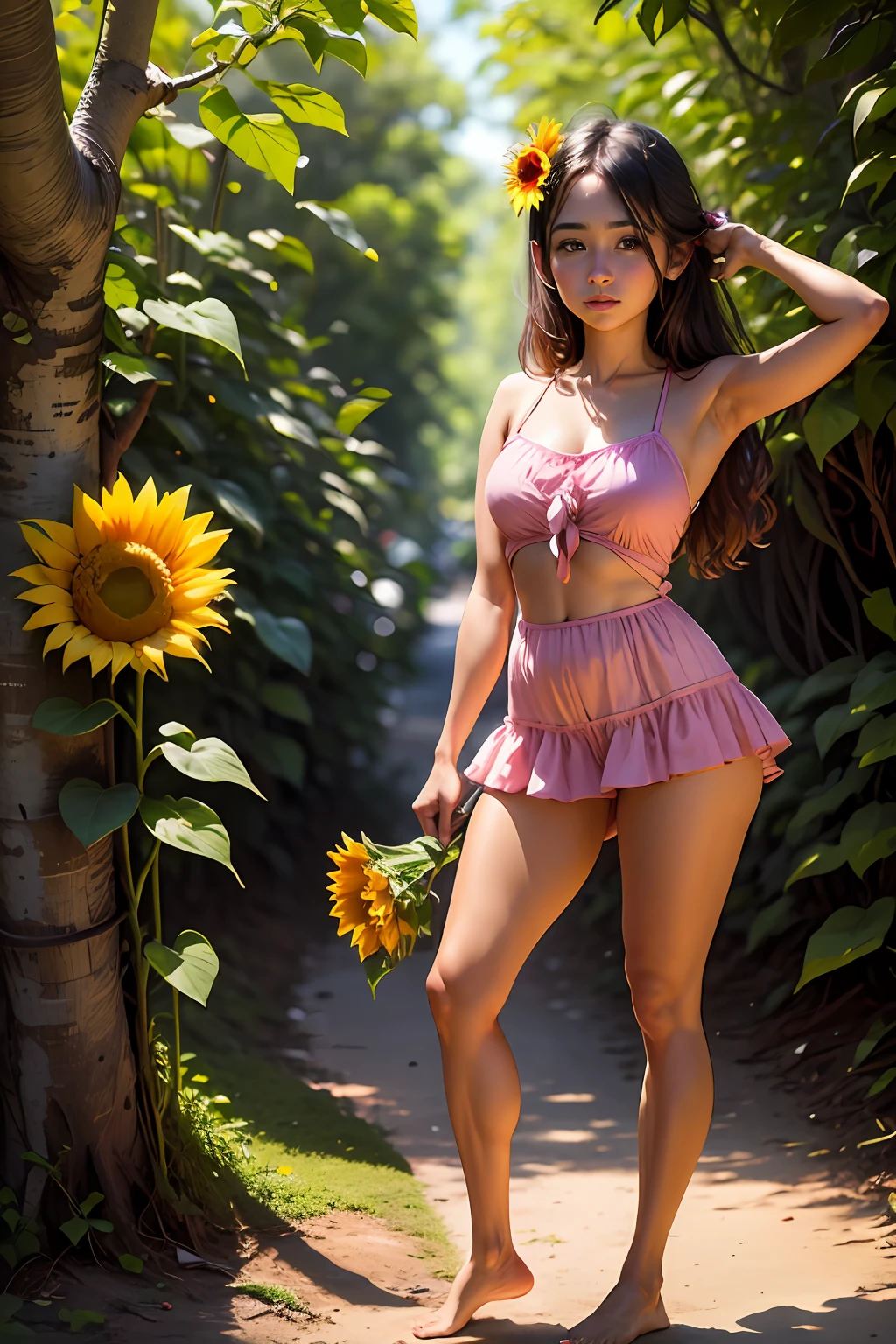 garota, Pink swimsuit holding a sunflower, Standing leaning against a tree, 8k, ((melhor qualidade), (best resolution))