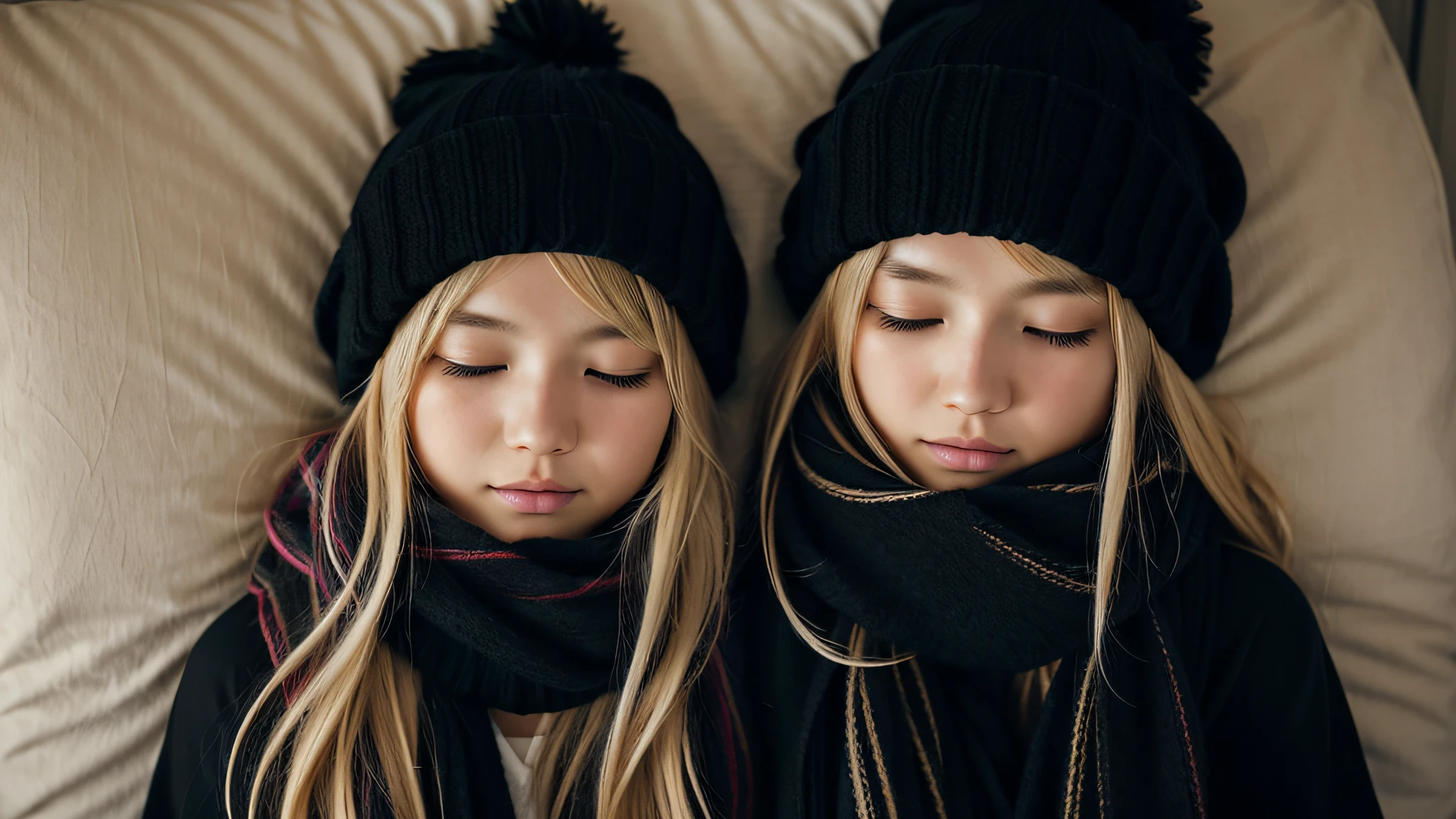 GIRL BLONDE CHILD with long hair wearing a scarf and a hat, sleepy fashion model face, sleepy, sleepy expression, Marisa Kirisame, wearing cute black scarf, prettier, sleeping, sick with a cold, Lalisa Manobal, Misa Amane*, very tired woman, sleeping, Takeyuki Kanda, Lalisa Manoban of blackpink