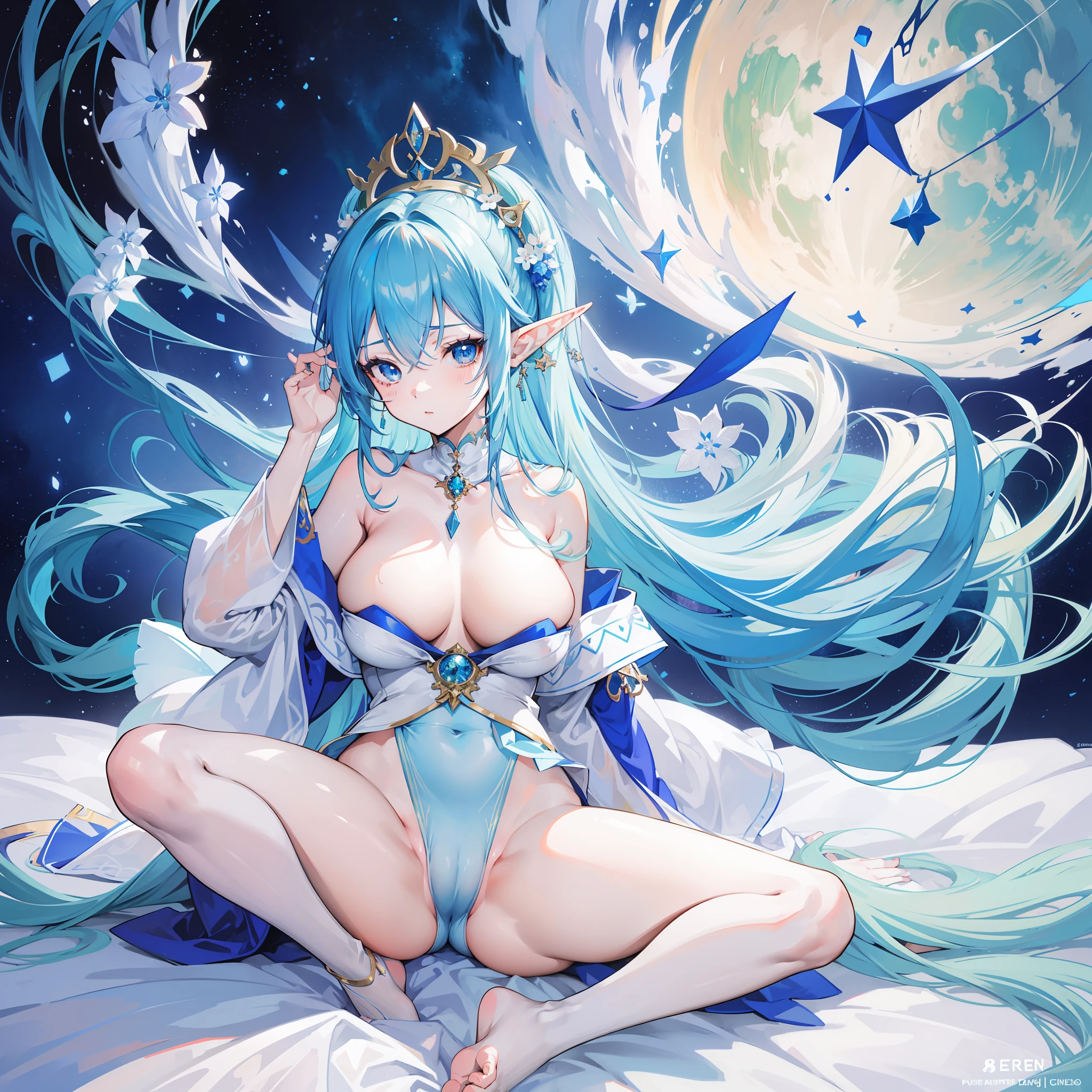 anime - style image of a woman with blue hair and a blue and white dress, extremely detailed artgerm, trending on artstation pixiv, artgerm on artstation pixiv, 8k high quality detailed art, anime artwork,((elf ears)), ((long hair)), ((micro panties)), ((full body)),(sitting on bed), (one girl), (((topless))), ((cameltoe)), ((visible private parts))