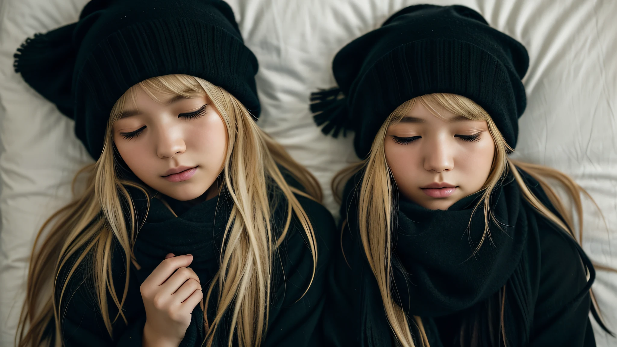 GIRL BLONDE CHILD with long hair wearing a scarf and a hat, sleepy fashion model face, sleepy, sleepy expression, Marisa Kirisame, wearing cute black scarf, prettier, sleeping, sick with a cold, Lalisa Manobal, Misa Amane*, very tired woman, sleeping, Takeyuki Kanda, Lalisa Manoban of blackpink