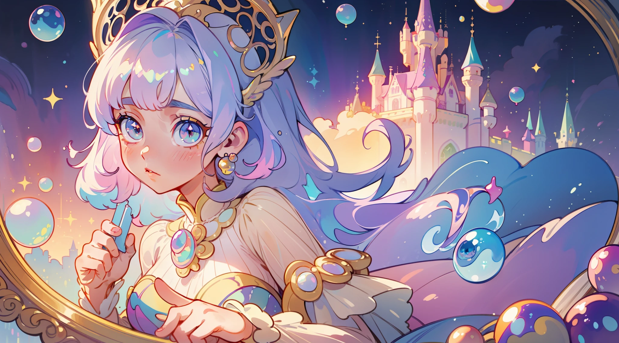 masterpiece, best quality, 8k resolution, sharp focus, intricate detail, beautiful girl, sparkling eyes, golden ratio face, otherworldly liquid, watercolor, ((pastel colors)), bright colors, whimsical, colorful, sharp focus, high resolution, fine detail, princess fantasy ballgown, ((round eyes)), iridescent bubbles, castle landscape in background