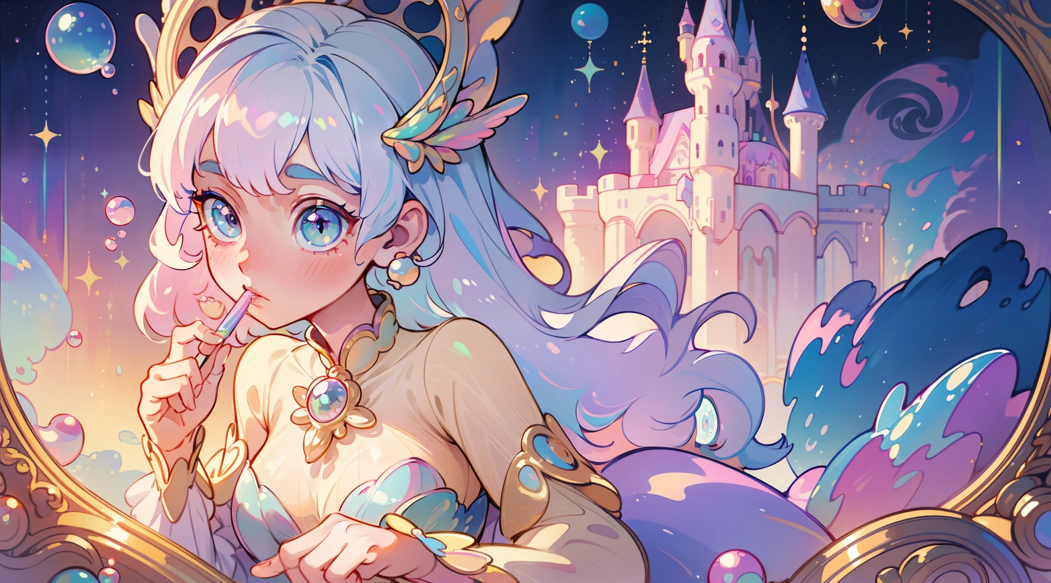 masterpiece, best quality, 8k resolution, sharp focus, intricate detail, beautiful girl, sparkling eyes, golden ratio face, otherworldly liquid, watercolor, ((pastel colors)), bright colors, whimsical, colorful, sharp focus, high resolution, fine detail, princess fantasy ballgown, ((round eyes)), iridescent bubbles, castle landscape in background