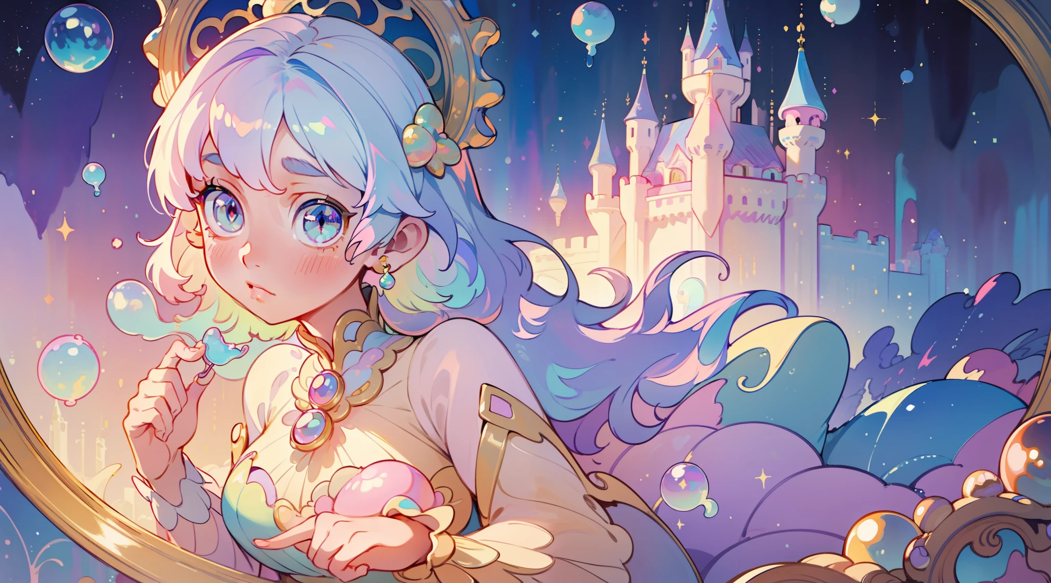 masterpiece, best quality, 8k resolution, sharp focus, intricate detail, beautiful girl, sparkling eyes, golden ratio face, otherworldly liquid, watercolor, ((pastel colors)), bright colors, whimsical, colorful, sharp focus, high resolution, fine detail, princess fantasy ballgown, ((round eyes)), iridescent bubbles, castle landscape in background