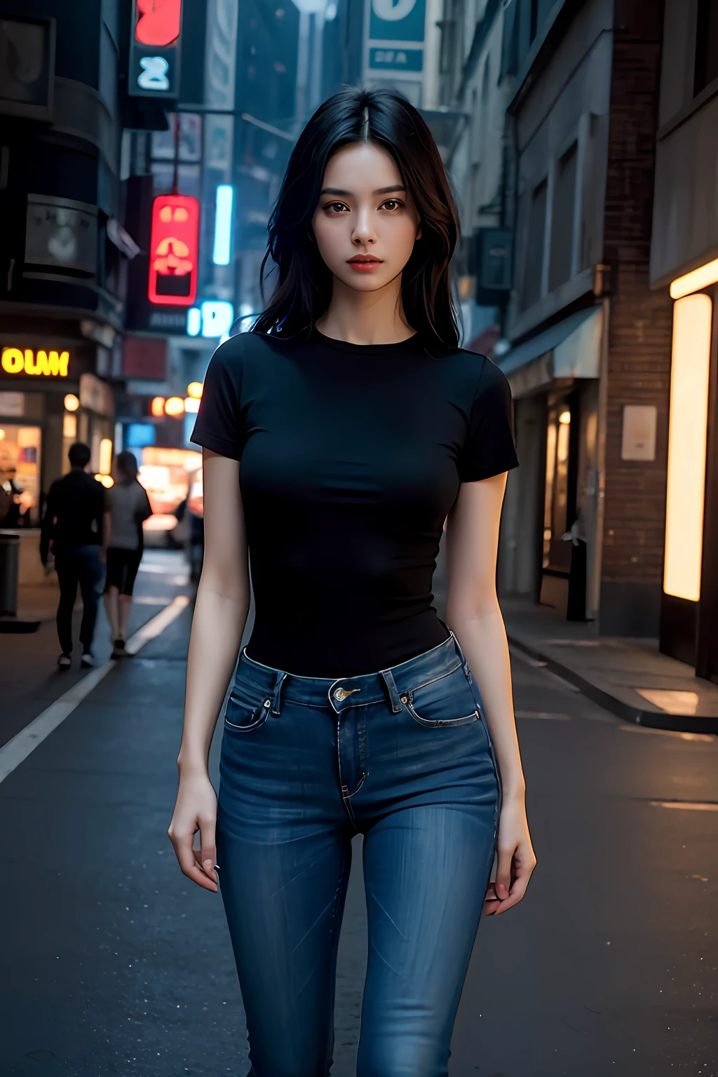 Masterpiece, super high resolution, (realism: 1.4), original image, 1girl, black hair, Italian beauty, Hazel detailed eyes, detail face, black round neck plain basic tee-shirt and tight jeans, skinny jeans, heel's, perfect body, dynamic lights, in the dark, cyberpunk street night scene background , Deep Shadows, Low Profile, Cowboy Shot - Long Body, Ray Tracing, Cinematic Lighting, Best Quality, 4K