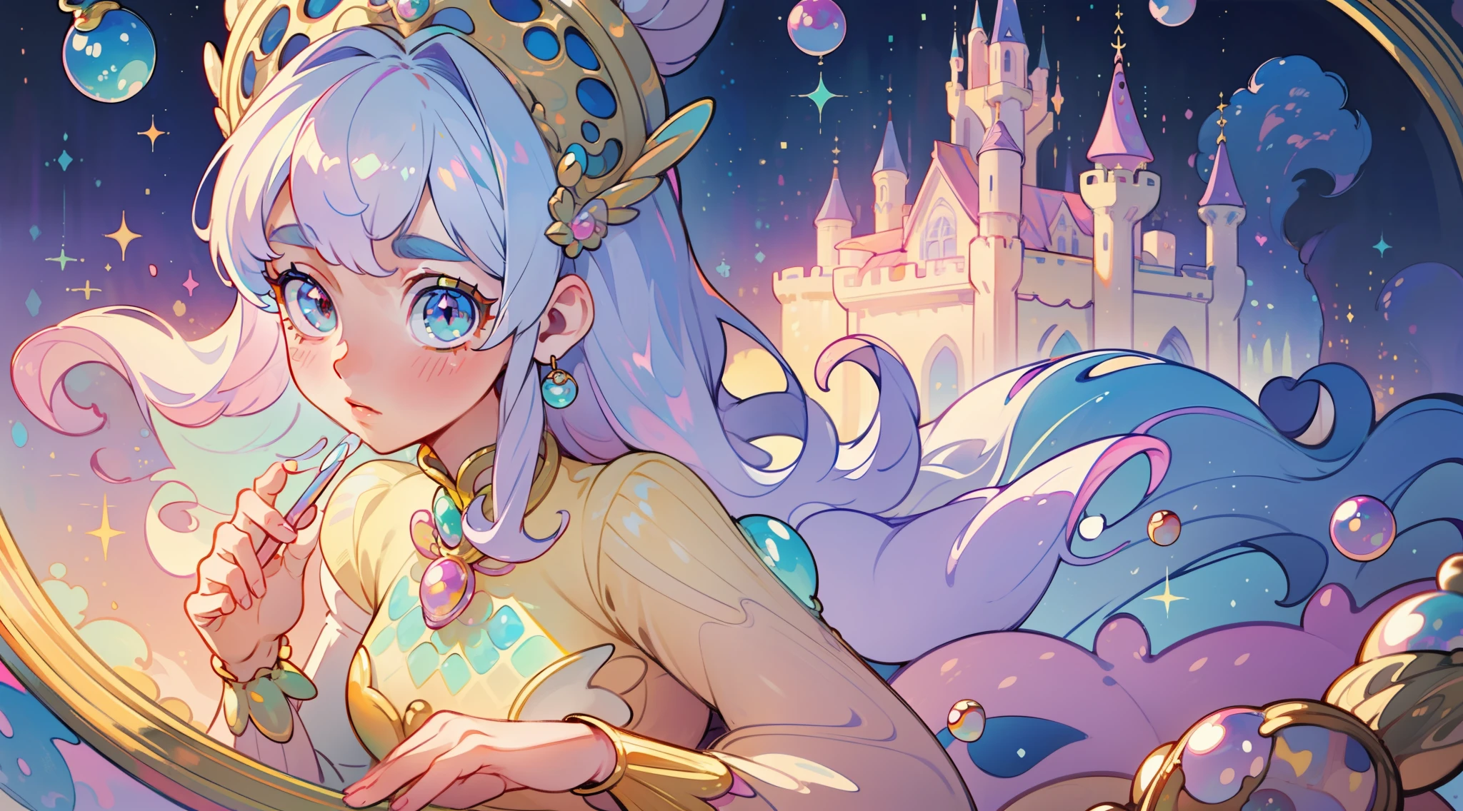 masterpiece, best quality, 8k resolution, sharp focus, intricate detail, beautiful girl, sparkling eyes, golden ratio face, otherworldly liquid, watercolor, ((pastel colors)), bright colors, whimsical, colorful, sharp focus, high resolution, fine detail, princess fantasy ballgown, ((round eyes)), iridescent bubbles, castle landscape in background