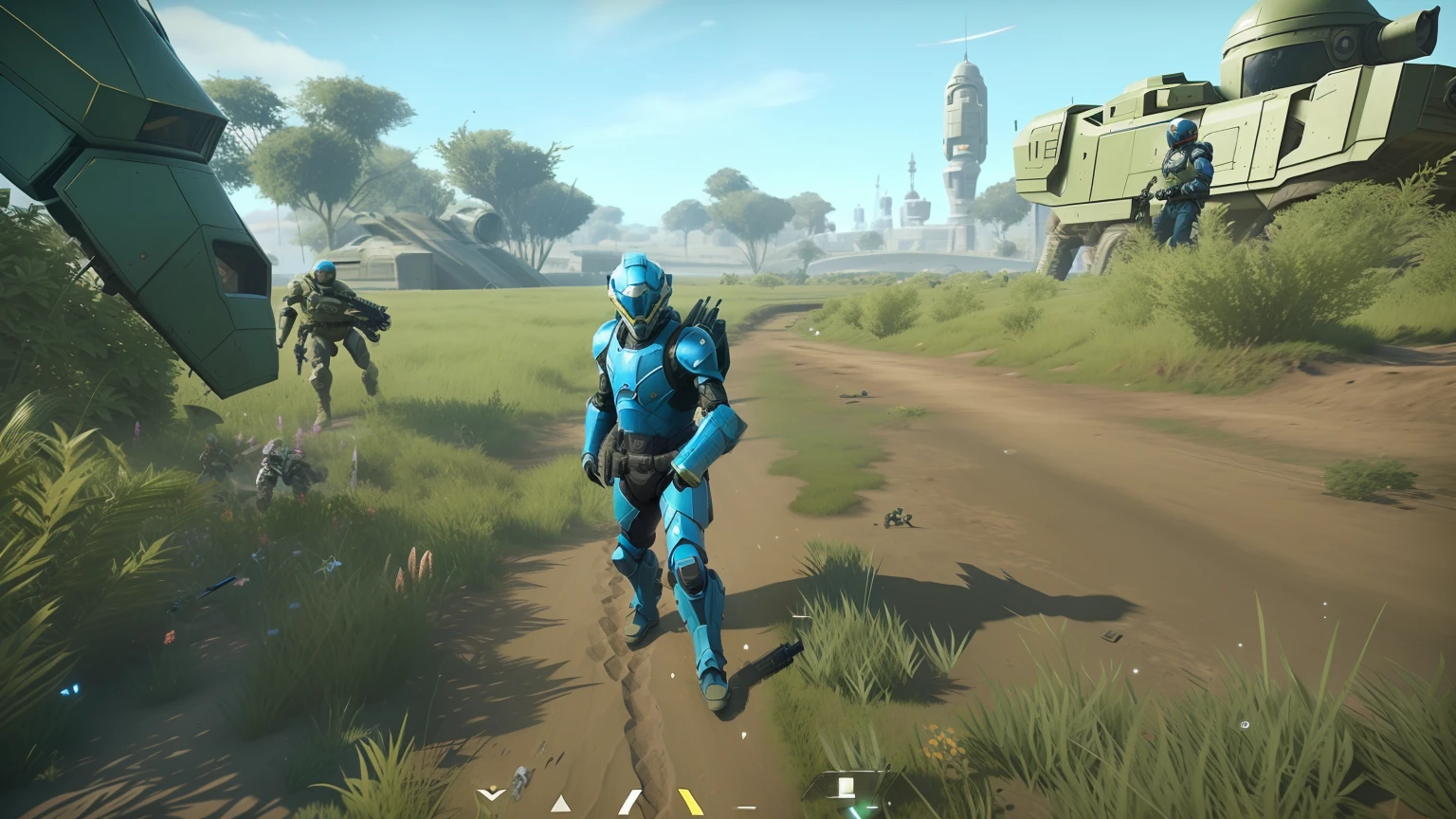 Wearing a blue suit,Arakfi walking in a field with a gun and helmet, clothed in sci-fi military armor, discarded mechsuit in background, video game screenshot>, with scaly-looking armor, with futuristic gear and helmet, satisfactory screenshot, Wearing sci-fi armor, beautiful screenshot, gameplay screenshot with ui