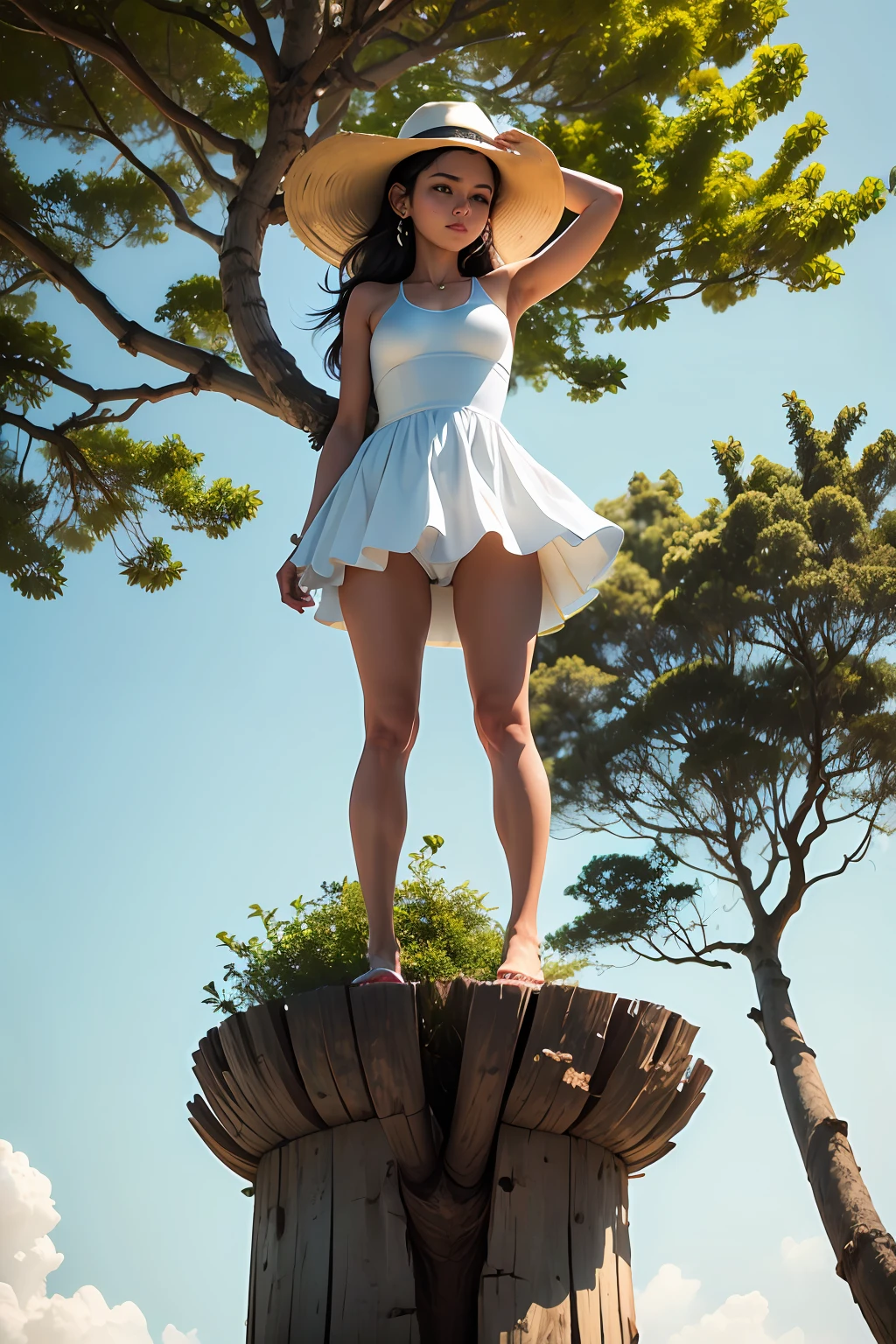 garota, White swimsuit with light blue edges, Standing on a tree trunk, 8k, ((melhor qualidade), (best resolution))