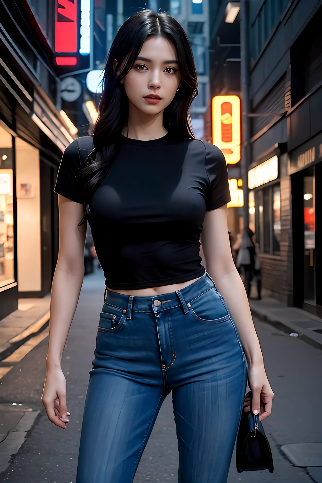 Masterpiece, super high resolution, (realism: 1.4), original image, 1girl, black hair, Italian beauty, Hazel detailed eyes, detail face, black round neck plain basic tee-shirt and tight jeans, skinny jeans, heel's, perfect body, dynamic lights, in the dark, cyberpunk street night scene background , Deep Shadows, Low Profile, Cowboy Shot - Long Body, Ray Tracing, Cinematic Lighting, Best Quality, 4K