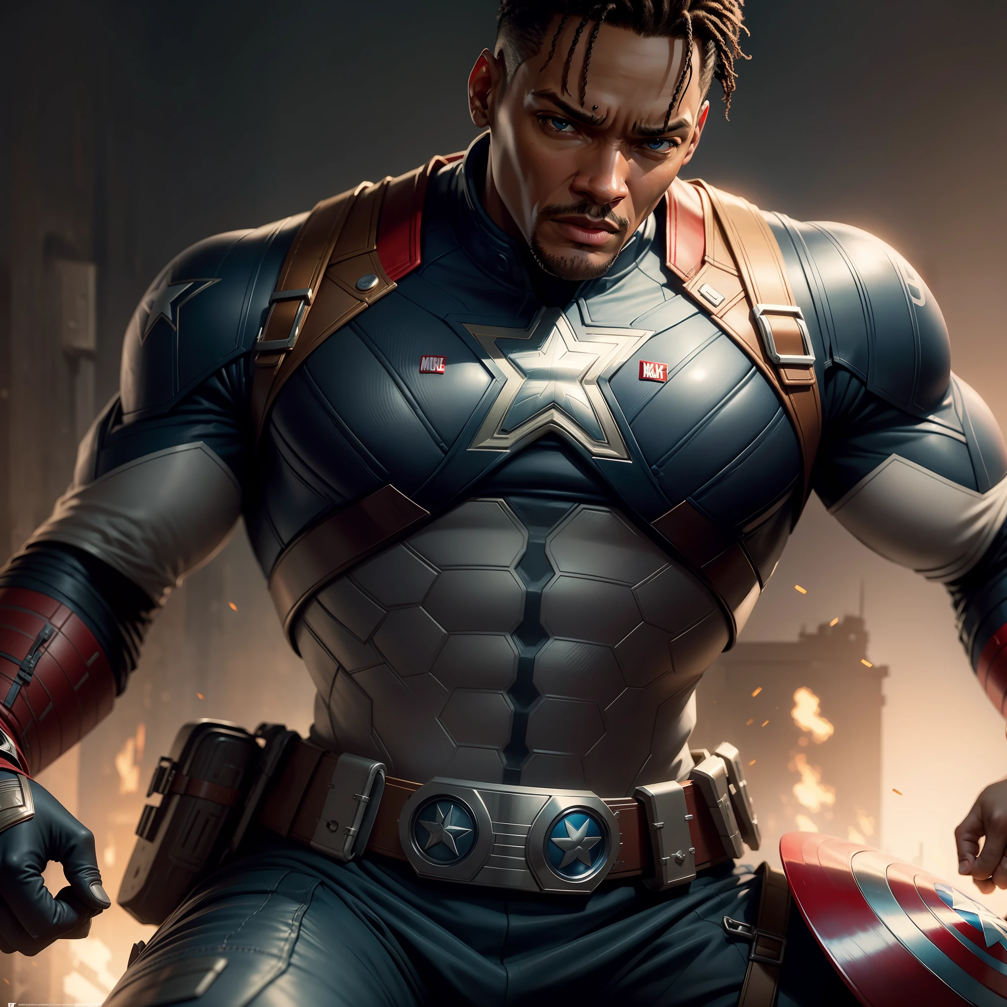 . .Tarantino style Will Smith as Captain America 8k, high definition, detailed face, detailed face, detailed eyes, detailed suit, in style of marvel and dc, hyper-realistic, + cinematic shot + dynamic composition, incredibly detailed, sharpen, details + superb details + evening with light + perfectionism + award winning realism ((moody lighting))