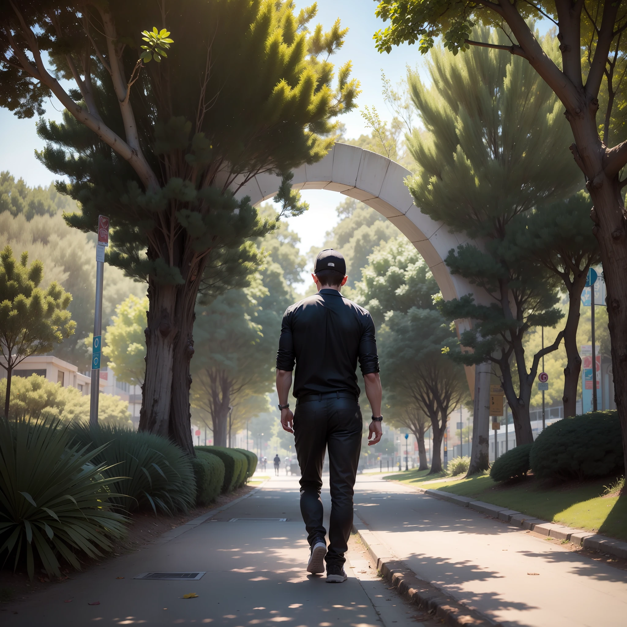 Escenario: Un parque con un sendero recto y despejado.
Persona: Hombre caminando de espaldas.
Vestimenta: Black shirt and black trousers.
STANCE: Comienza en el extremo izquierdo del sendero.
action: El hombre da un paso hacia adelante (un metro de avance).
Efecto: La persona se ve de espaldas y ocupando la mayor parte de la imagen. No hay otras personas presentes en la foto, and the setting is the same park with vegetation.
Escenario: Continuation of the trail in the park, sin cambios significativos en el entorno.
Persona: El mismo hombre caminando de espaldas.
Vestimenta: Black shirt and black trousers.
STANCE: A un metro de distancia del punto inicial.
action: El hombre da otro paso hacia adelante (dos metros de avance en total).
Efecto: The figure of the man looks a little smaller than in the previous picture, reinforcing the feeling of estrangement. No hay otras personas presentes en la foto, and the setting is still the same park with vegetation.
Escenario: The trail continues to the bottom of the park, with some minor changes in vegetation and landscape.
Persona: El mismo hombre caminando de espaldas.
Vestimenta: Black shirt and black trousers.
STANCE: A dos metros de distancia del punto anterior.
action: El hombre da otro paso hacia adelante (tres metros de avance en total).
Efecto: The man looks a little smaller than in the previous image, destacando su progresivo alejamiento. No hay otras personas presentes en la foto, and the setting is still the park with vegetation, pero con algunos detalles diferentes.
Escenario: El fondo del parque, with more changes in landscape and vegetation, giving a clear impression of distance.
Personas: The same man walking on his back and an additional person walking on his back as well, con ropa diferente para distinguirla claramente del primer hombre.
Vestimenta: Ambos llevan camisas negras y pantalones negros.
STANCE: A tres metros de distancia del punt