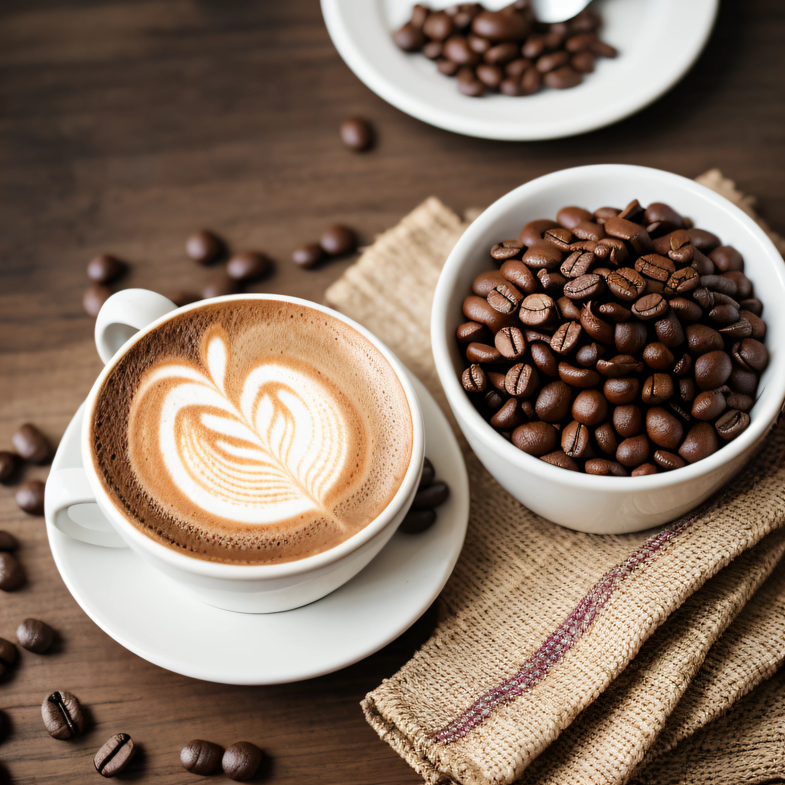 roasted coffee and beans spread over on a cloth with a cup of clay coffee photographed with a 35mm HDR ultra realistic macro camera