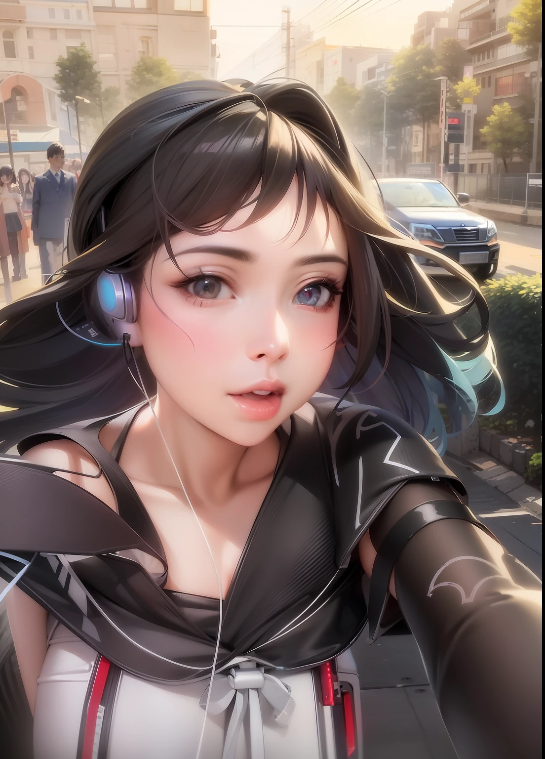 Anime girl with headphones taking selfies in the city, realistic anime 3 d style, digital anime illustration, Anime style. 8K, realistic anime style, realistic anime style, artwork in the style of guweiz, digital anime art, detailed digital anime art, photorealistic anime, kawaii realistic portrait, anime realism style, 3 d anime realistic