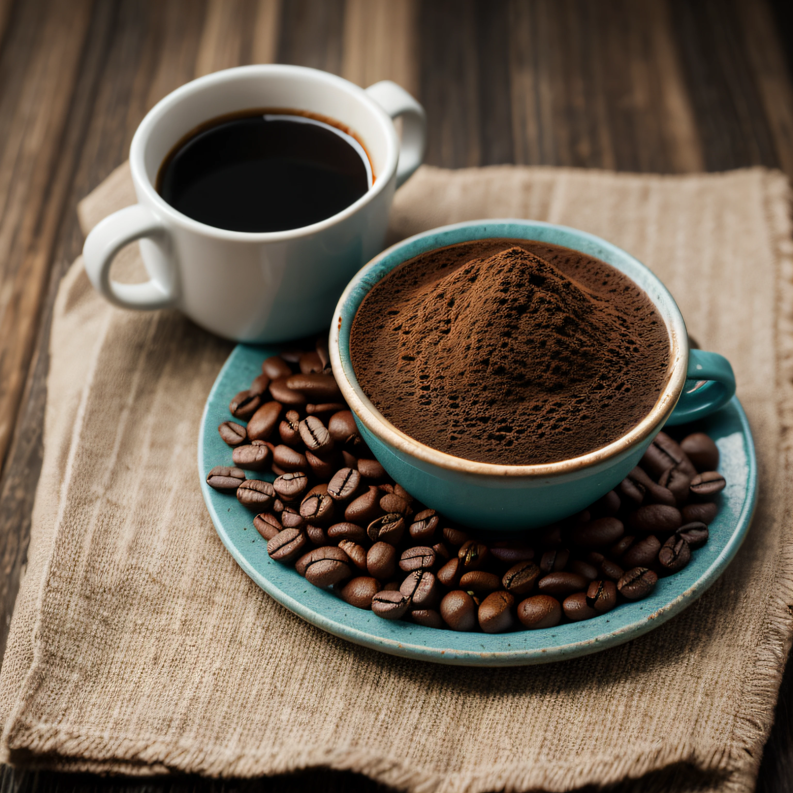 roasted coffee and beans spread over on a cloth with a cup of clay coffee photographed with a 35mm HDR ultra realistic macro camera