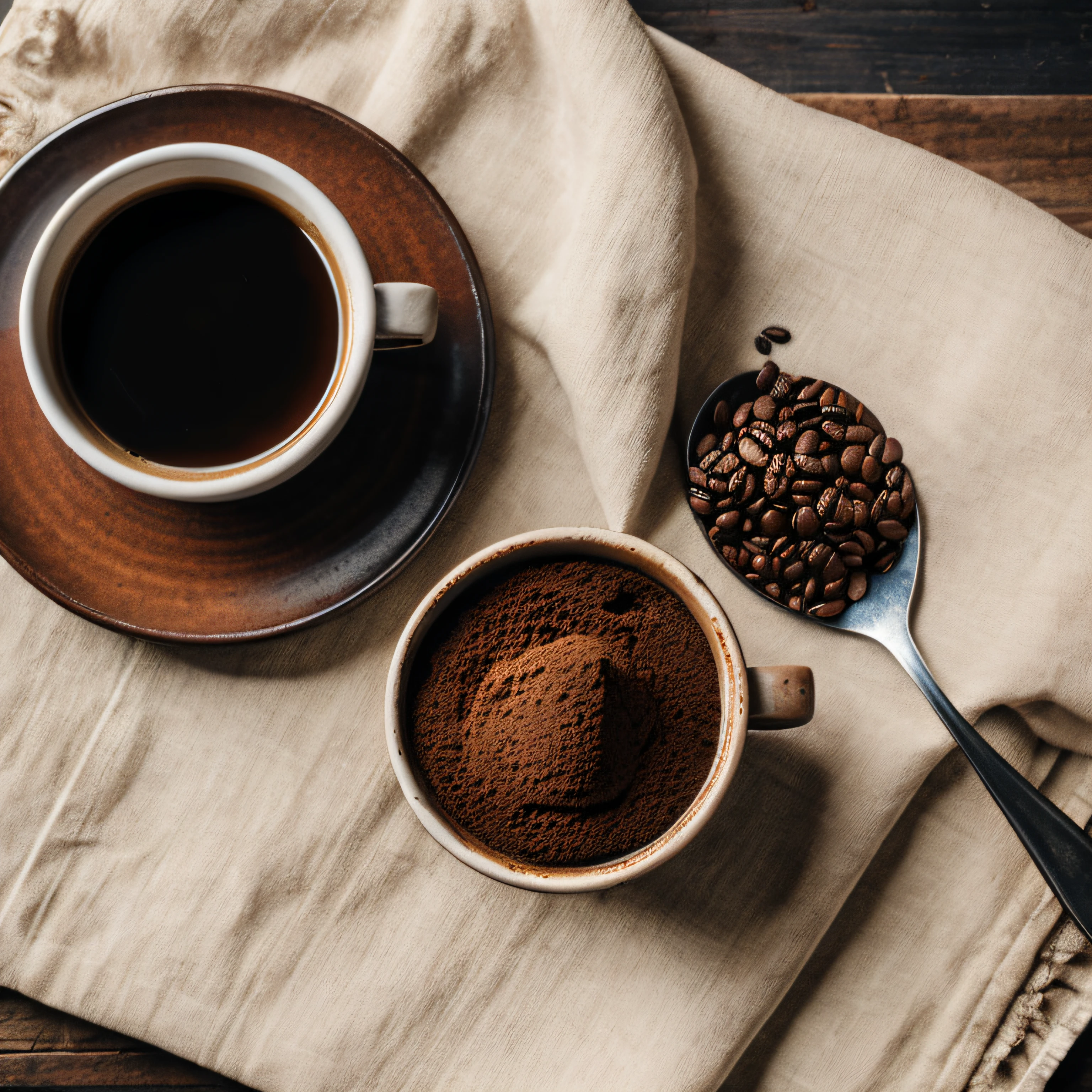 roasted coffee and beans spread over on a cloth with a cup of clay coffee photographed with a 35mm HDR ultra realistic macro camera