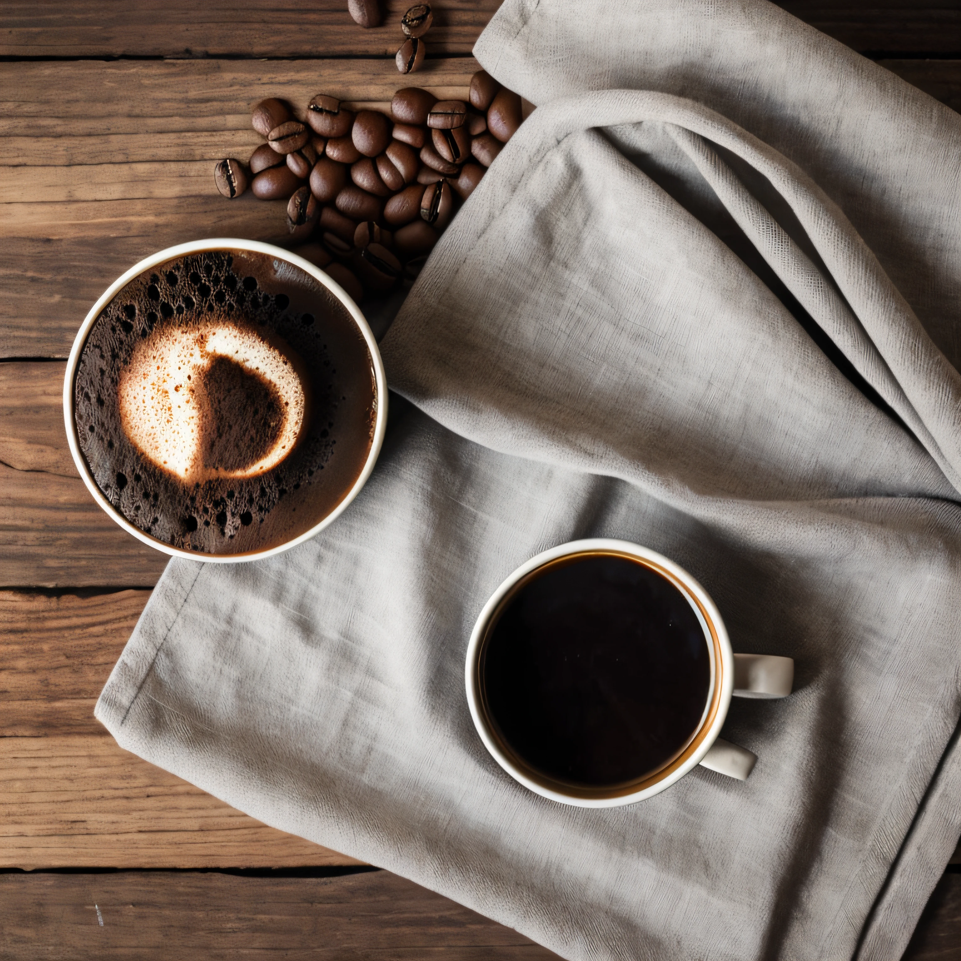 roasted coffee and beans spread over on a cloth with a cup of clay coffee photographed with a 35mm HDR ultra realistic macro camera