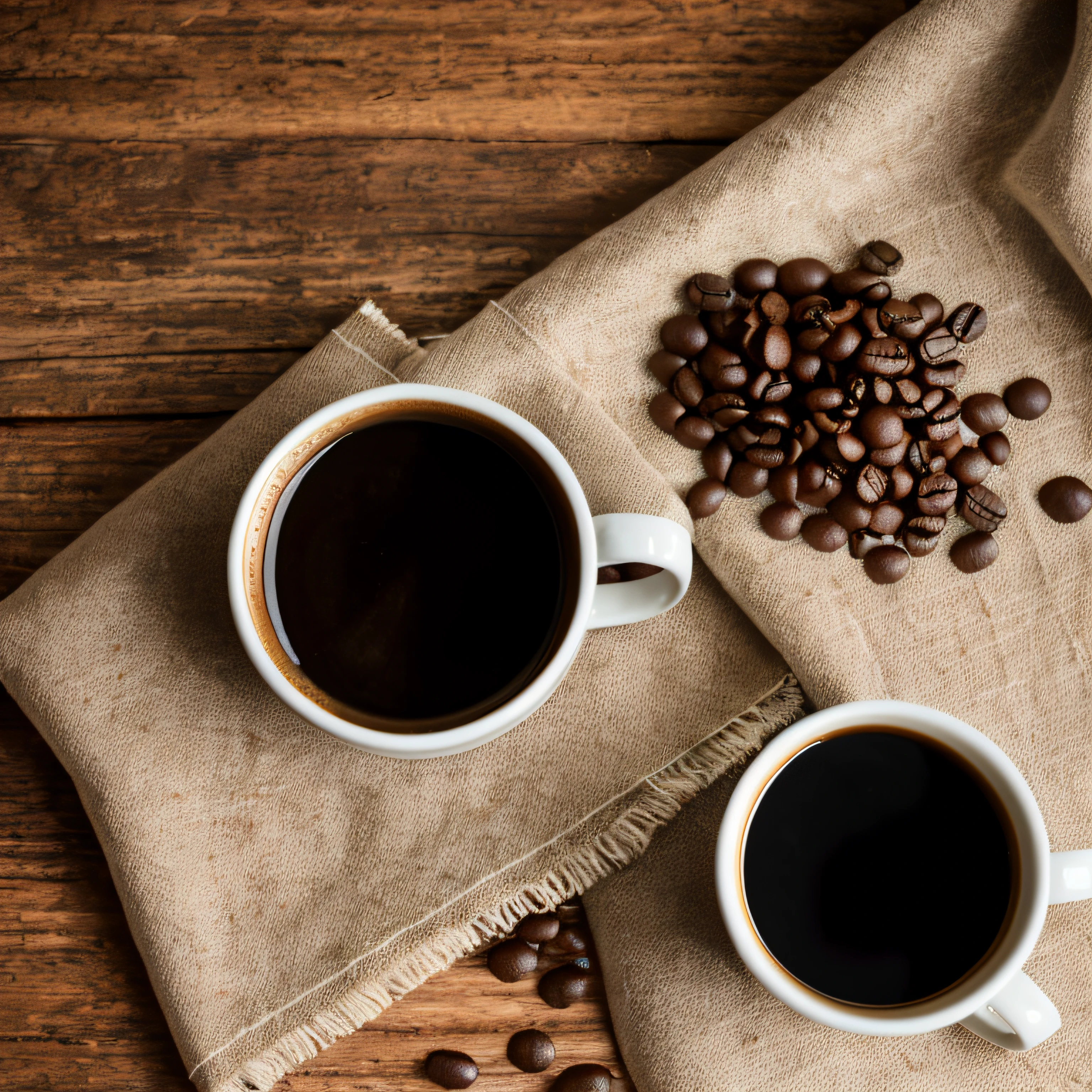 roasted coffee and beans spread over on a cloth with a cup of clay coffee photographed with a 35mm HDR ultra realistic macro camera