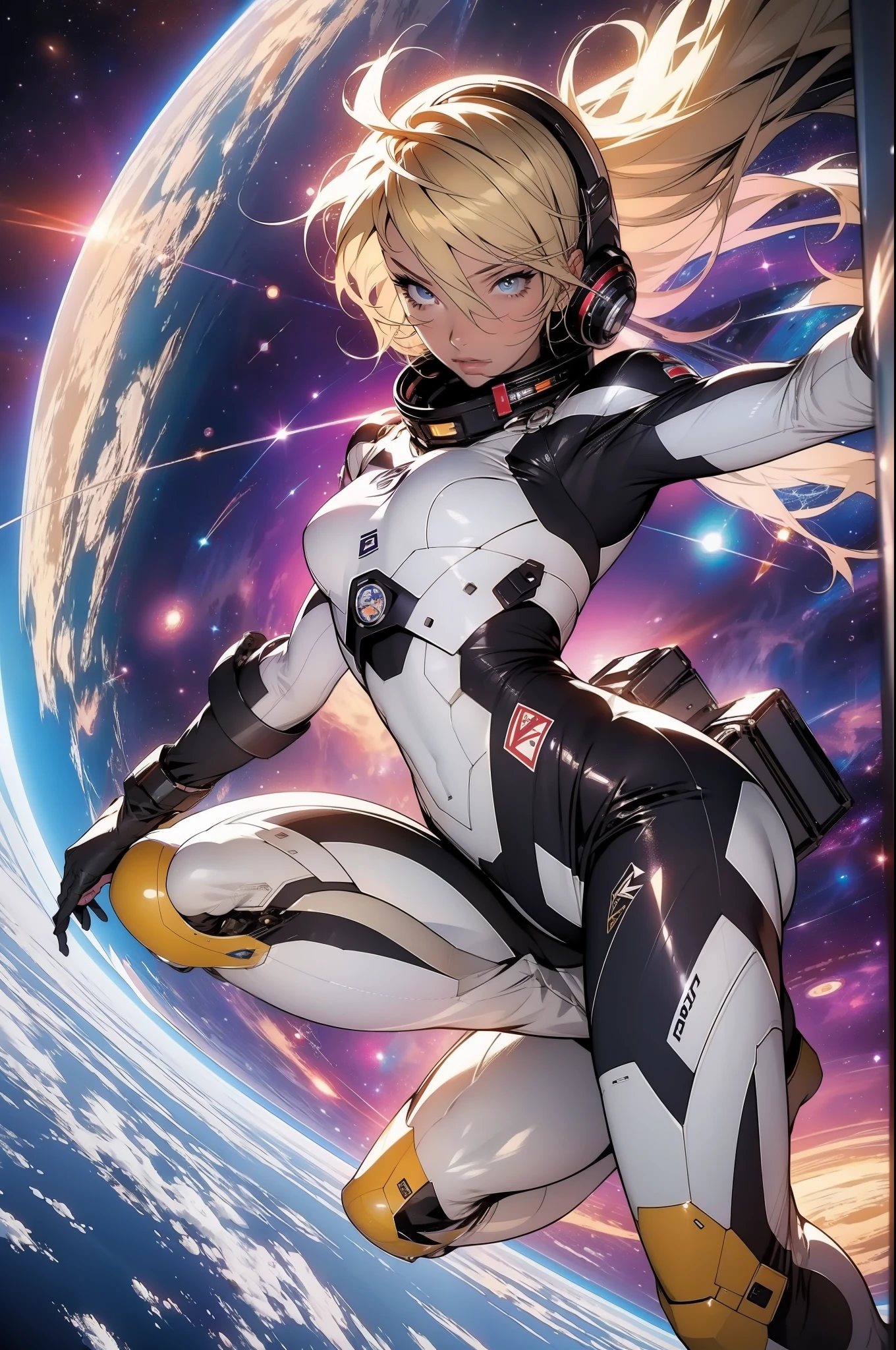 A bombastic blonde with perfect body on a space station floating in space with Earth in the background, Full body in an action pose