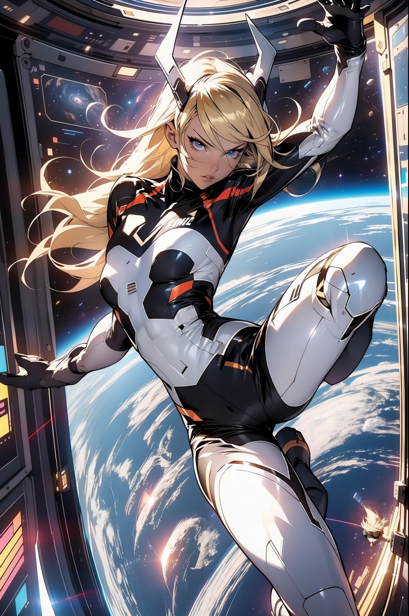 A bombastic blonde with perfect body on a space station floating in space with Earth in the background, Full body in an action pose