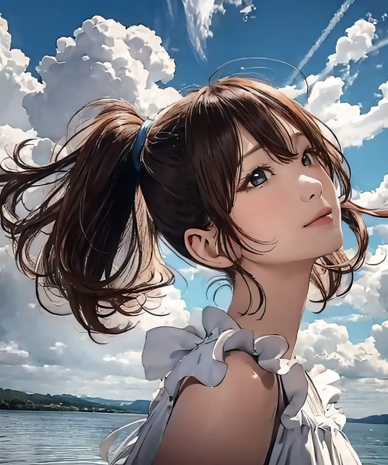 (masutepiece:1.2, Best Quality), 1lady, (Looking Up), (Looking up at the clouds), (She is at sea), 独奏, Blue sky, White cumulonimbus clouds, contrail, glowing sun, Transparency, The 8k quality, nffsw, Girl in white camisole dress, Hairstyle is a short ponytail, Hair swaying in the wind, Big, Big eyes, Ayana_taniguchi
