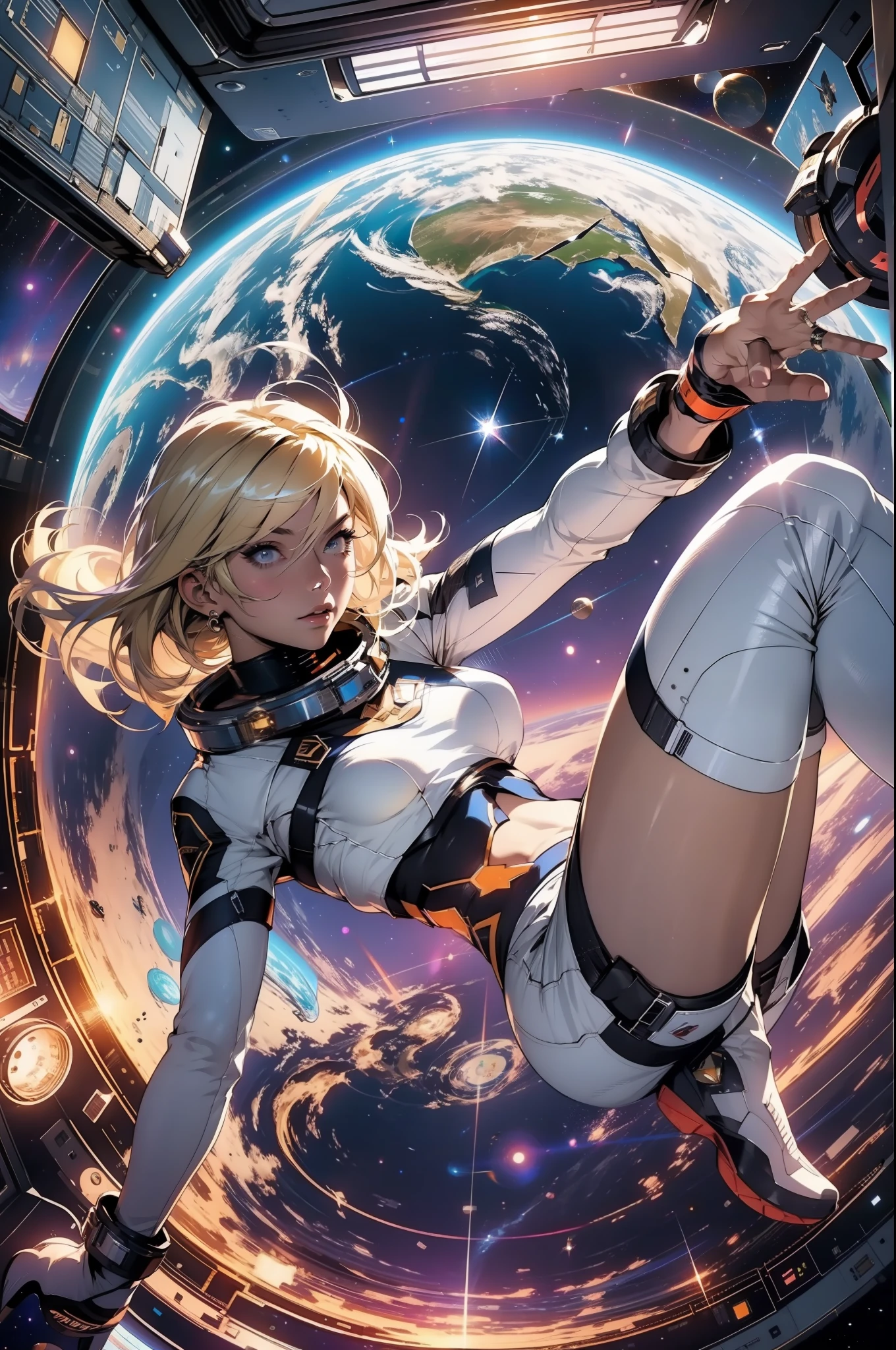 A bombastic blonde with perfect body on a space station floating in space with Earth in the background, Full body in an action pose