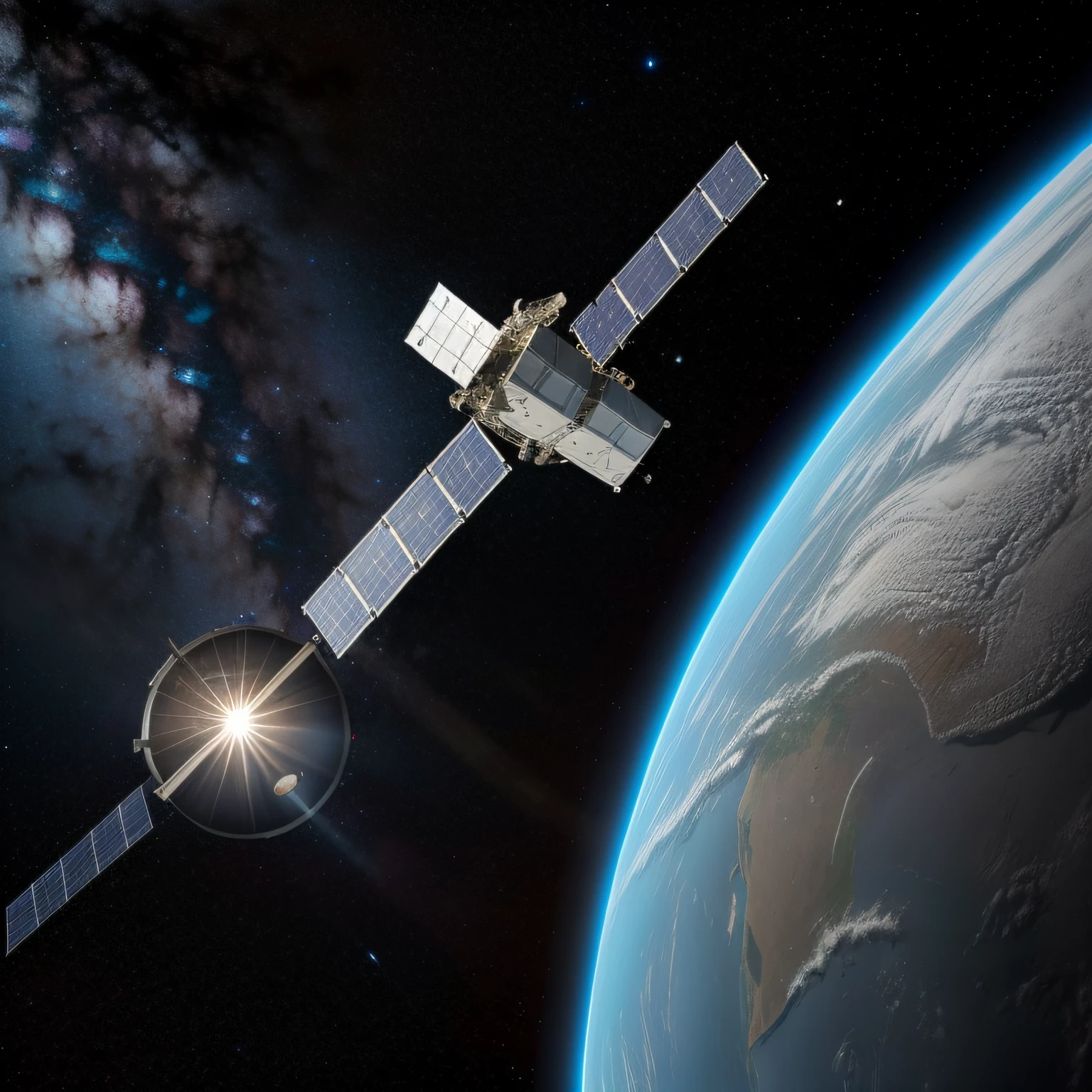 Ultra photo realistic space satellite with 100 mm width and 100 mm length orbiting planet earth natural light and 600 mm length and 600 mm , photorealistic --ar 1:1