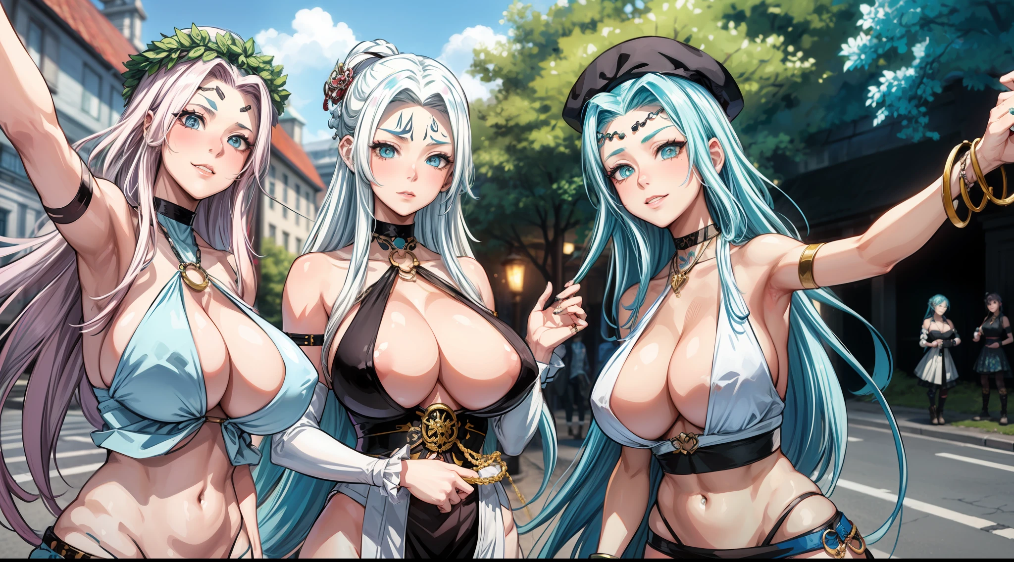 Punk-rococo-tattoo-ukiyo-e style. A selfie of some very pretty young Nordic-looking women. They are wearing an urban style, with necklaces, chains, thick rings, colorful hairstyles and modified military clothing with colorful patches. They are in a park right next to a paved area. Extreme realism, insane detail, intricate composition, cinematic quality, perfect photography, sublime colors.