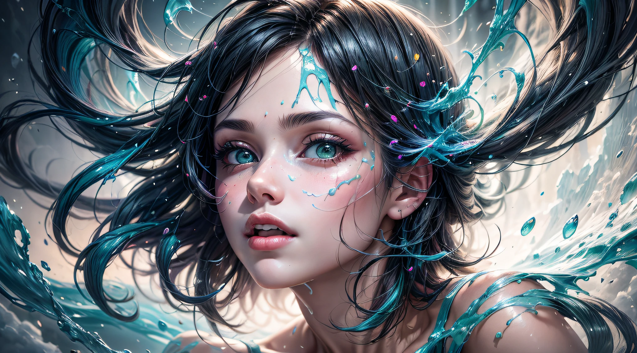 This absolute masterpiece features a breathtaking movie still of a 1girl in an ethereal cloud world. She gracefully floats in the sky, her side face blending into liquid rainbow hair made of paint, defying gravity. The scene is bathed in soft, romantic lighting, with paint colliding and splashing on the canvas in the background. The heavy strokes and explosive volumetric elements add to the abstract beauty. The ultra-high quality model captures the stunningly beautiful girl, and the Sub-Surface Scattering gives her an otherworldly glow. The atmosphere exudes happiness and fun, and the dreamy HDR and god rays add a touch of enchantment. Executed as a digital artwork in a 16:9 aspect ratio.