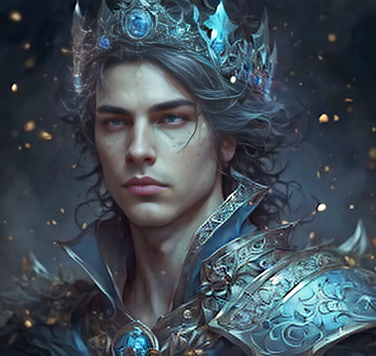 a man with a crown on his head and a blue dress, prince crown of black gears, by Elena Guro, man with a crown, fantasy male portrait, with an armor and a crown, epic fantasy art portrait, by Galen Dara, beautiful androgynous prince, by Roman Bezpalkiv, crowned, fantasy concept art portrait, epic fantasy art style