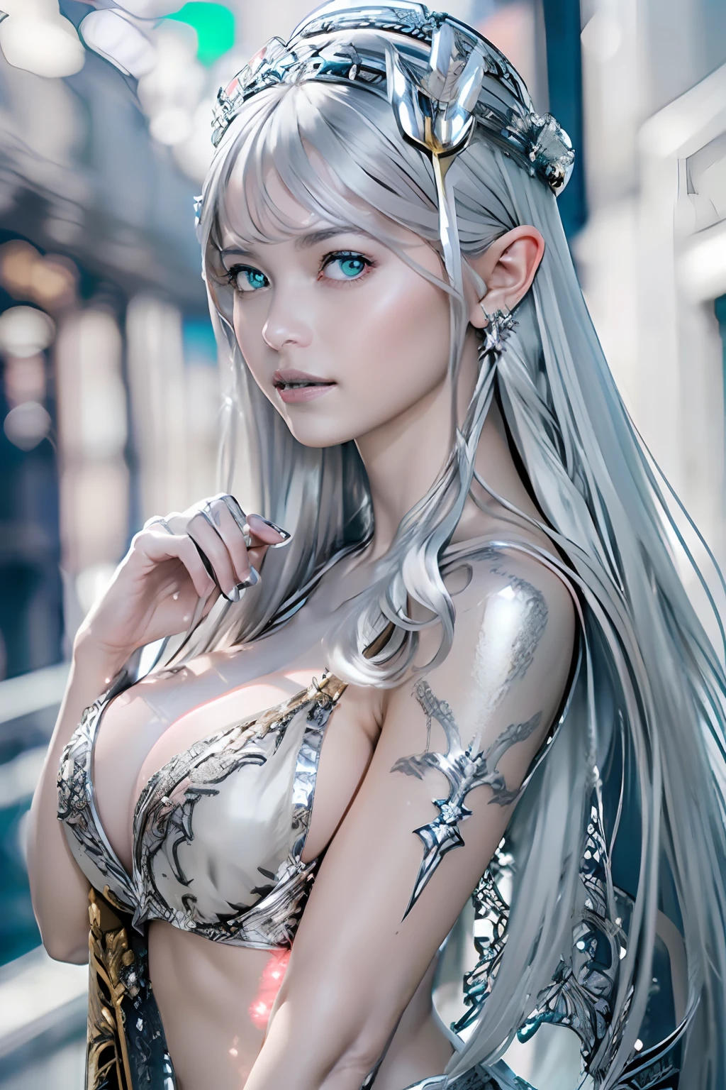 Ultra-detailed complex 3D rendering of the face, (masterpiece, top quality, octane rendering,), glamour shots full body image, very beautiful young elves, cleavage, (highly detailed skin: 1.2), (exposure: 1.1), ((blue micro bikini: 1.95)))). , 8k, (((very soft breasts)), (((conspicuous large pink areola)), beautiful Caucasian woman with white skin with full soft breasts with big buttocks, one, long braided hair, big breasts, dynamic angles, (((huge breasts: 2.4)), ultra-realistic photos, ((((((silver hair)))), futuristic urban background, facial muscles, (((((detailed and glamorous silver crown)))), In the style of Marvel Comics, ArtStation Trends, Clear Focus, Intricate Details, Very Detailed, Detailed Green Eyes, Sharp Focus, Digital Rendering, Professional, Abs, Lip Gloss, Glossy Skin, Sexy Pose, Golden Tattoo All Over Body, Silver Pattern All Over Body, Silver Lame Skin, Gold Glitter Skin, Mansuji, Buttocks, Jeweled All Over the Body, with silver scales, silver hair,