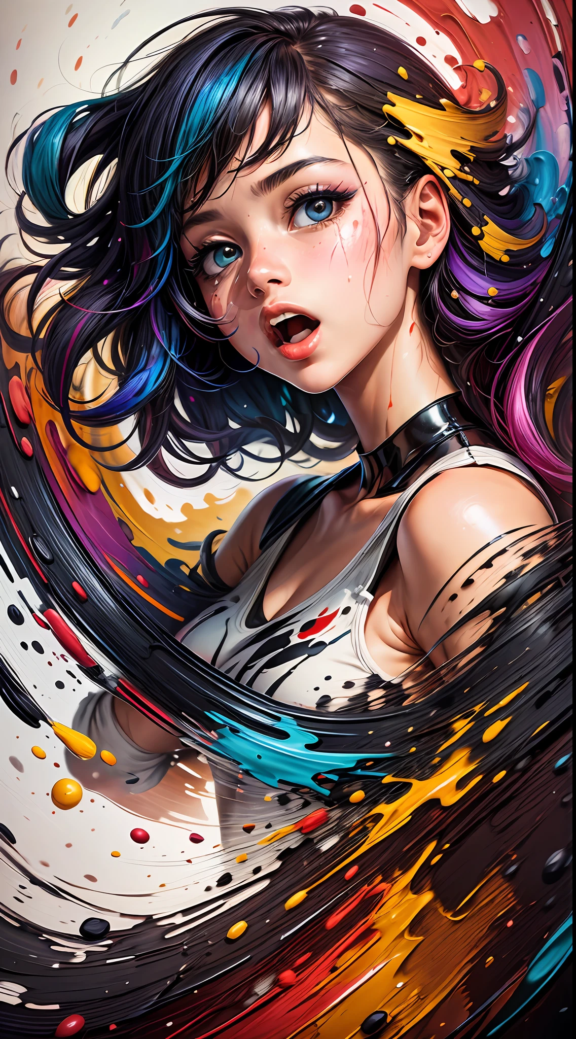 In this mesmerizing movie still, we see a 1girl with an open mouth, her liquid paint rainbow hair flowing gracefully in the air. The scene is set in an abstract world filled with Bauhaus-inspired shapes and lines, with paint splatter adding an artistic flair. The atmosphere is vibrant and joyful, with a stunningly detailed background adding depth of field. The camera lens used for this vibrant painting is a 135mm, f/1.8 lens, capturing the captivating girl with precision. The painting is rendered in an explosive mixture of colors and thick brush strokes, making it a vivid and expressive oil painting on canvas.