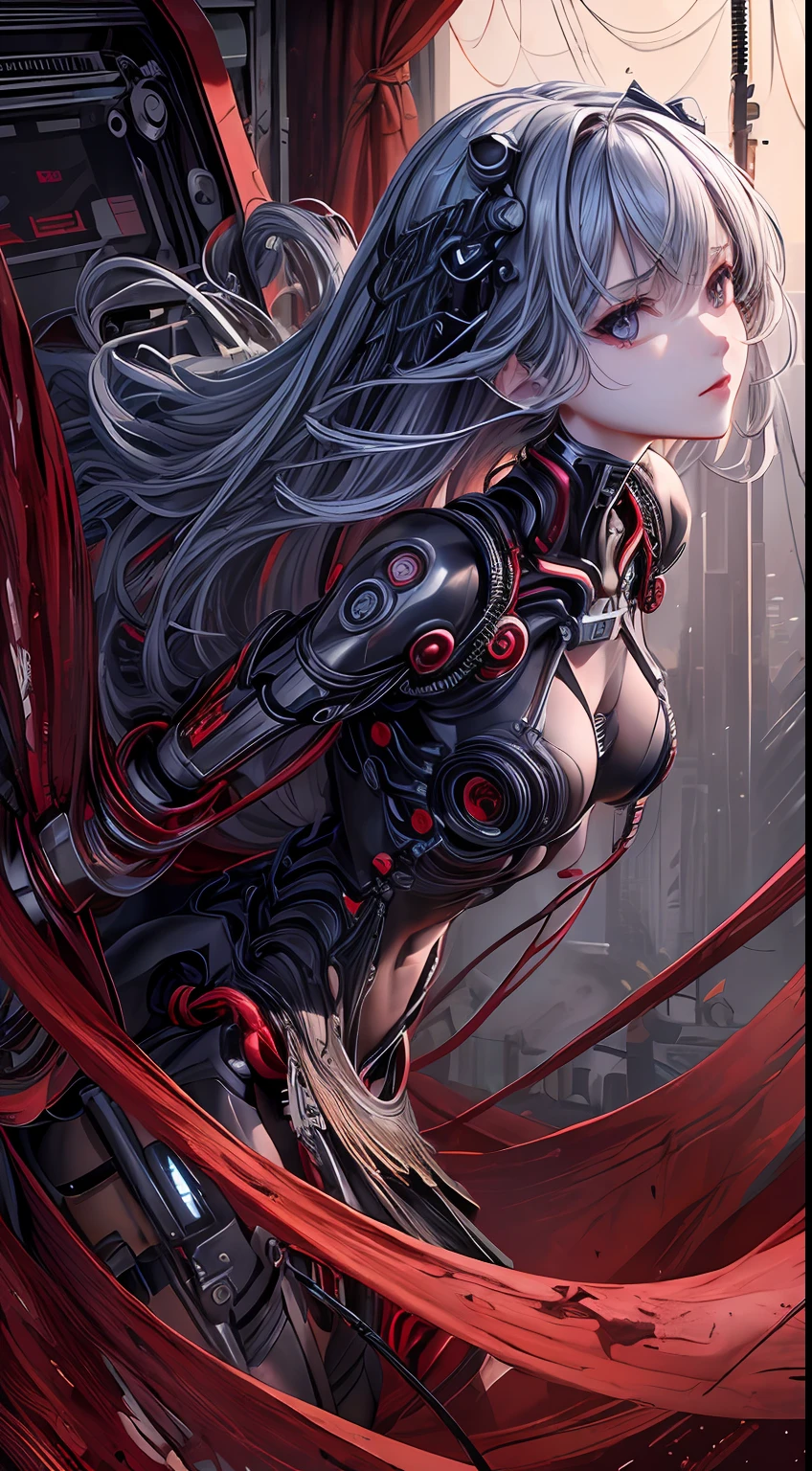 (((masterpiece)))、((top-quality))、(The ultra-detailliert)、(CG Illustration)、(an extremely devious and beautiful))、Cinematic light、((1 Mechanical Girl))、single、(Mechanical joint:1.4)、((Mechanical limb))、(Blood vessels attached to tubes)、((Mechanical spine attached to the back))、((Mechanical cervical vertebrae attached to neck)、((Back to the viewer))、deadpan、(Wires and cables attached to the head and body:1.5)、 scientific fiction、Apocalypse、ruins、(Lower body integrated with mechanical devices)、(blood:1.5)、mizore、absurderes、Erotic Lotescu、Integration with machines、Doomsday、Ultra-future、Inorganic、research institute、srestrained、(Beautiful and indulgent:1.2)、(1girl in:1.3)、Body wrapped around the tentacles of a machine、black large feathers on the back,2