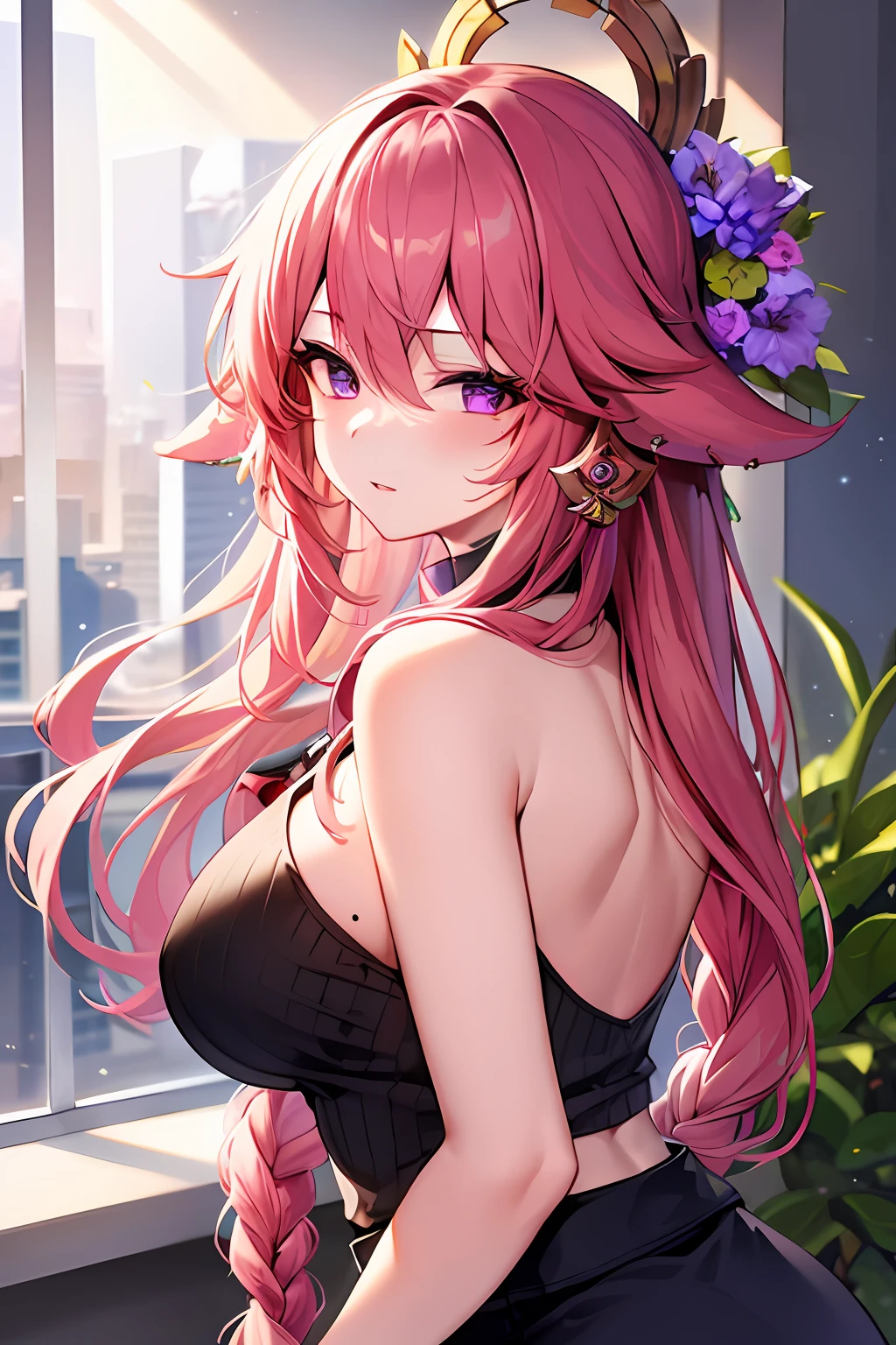 masterpiece, ultra-detailed hair, better lights, better shadows, miko yae,1girl, yae miko, breasts, skirt, pink hair, solo, long hair, large breasts, purple eyes, braid, ass, looking at viewer, braided ponytail, hair ornament, sleeveless, hair flower, black skirt, shirt, indoors, flower, looking back, bangs, bare shoulders, pencil skirt, from behind, window, thighs, mole under eye, sleeveless shirt, mole, white shirt, blush, bare arms, office lady, very long hair, plant, contemporary, parted lips, miniskirt, single braid, closed mouth, purple flower, pantylines, standing, alternate costume, ribbed shirt,