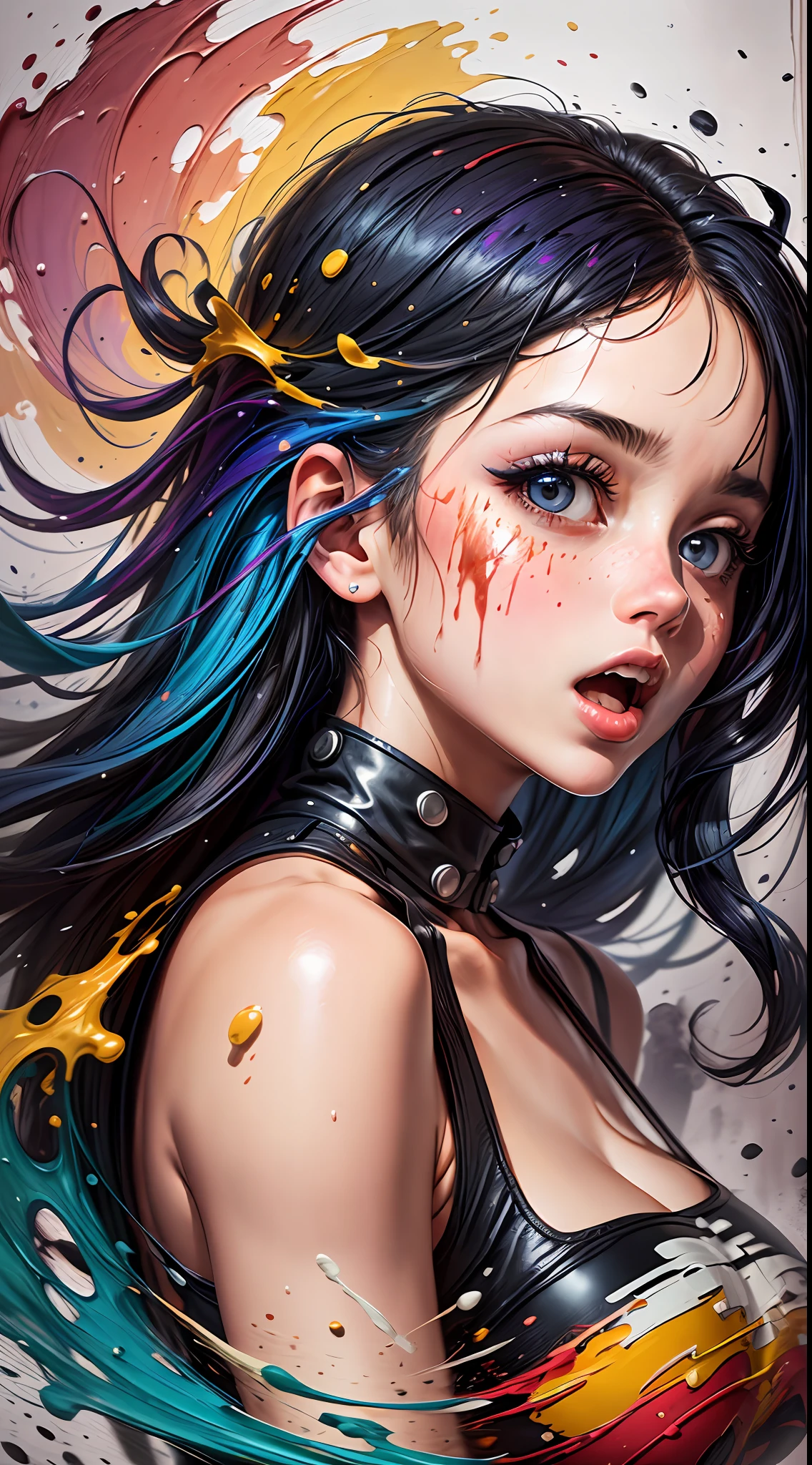 In this mesmerizing movie still, we see a 1girl with an open mouth, her liquid paint rainbow hair flowing gracefully in the air. The scene is set in an abstract world filled with Bauhaus-inspired shapes and lines, with paint splatter adding an artistic flair. The atmosphere is vibrant and joyful, with a stunningly detailed background adding depth of field. The camera lens used for this vibrant painting is a 135mm, f/1.8 lens, capturing the captivating girl with precision. The painting is rendered in an explosive mixture of colors and thick brush strokes, making it a vivid and expressive oil painting on canvas.