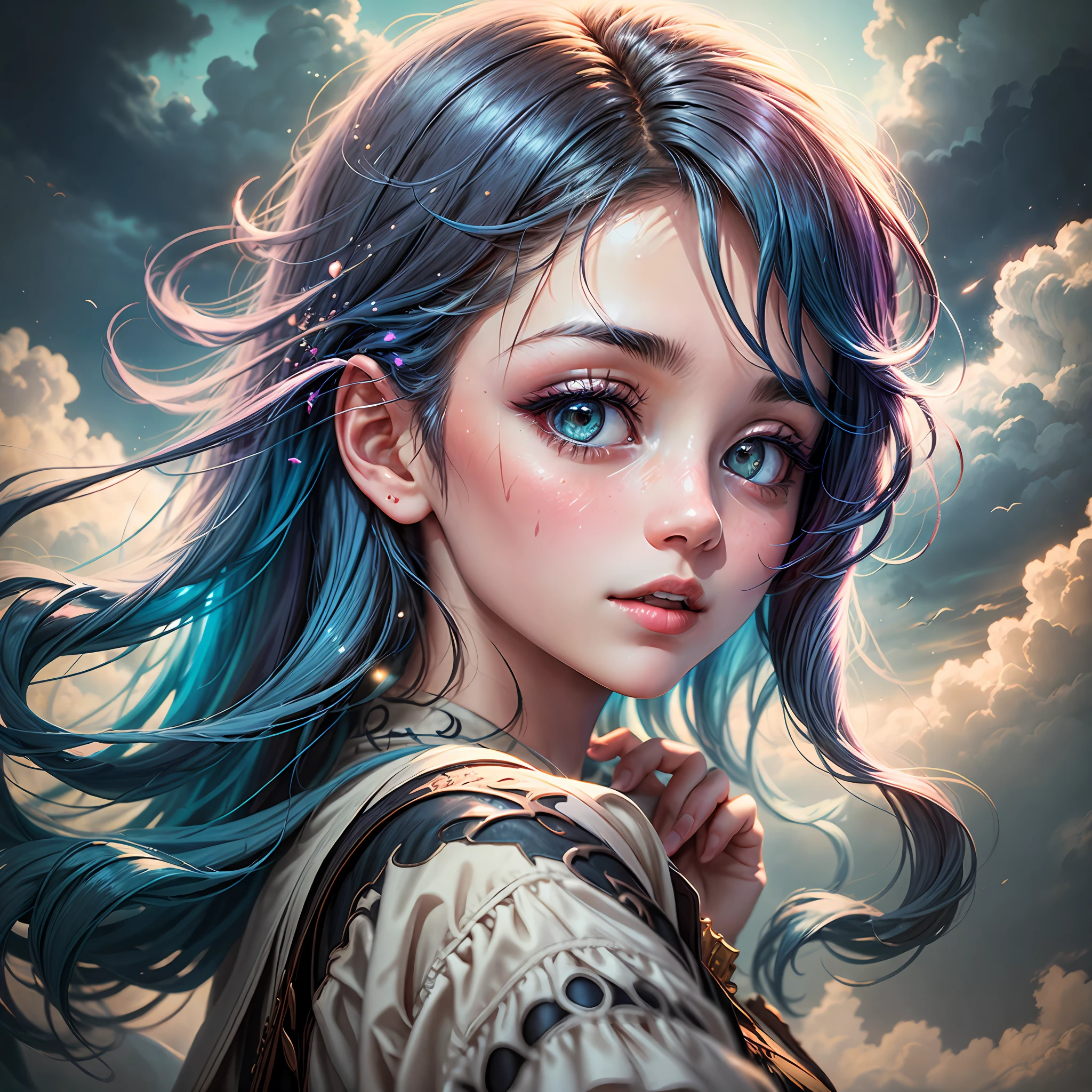 Step into a world of wonder with this captivating movie still. The scene is set in a cloud-filled sky, with the focus on a close-up shot of a 1girl. Her side face smoothly blends into liquid paint rainbow hair, giving her an otherworldly appearance. The clouds surround her, creating a dreamy and ethereal background. The heavy strokes and artistic motifs inspired by Bauhaus lend an abstract touch to the image. The atmosphere exudes happiness, with soft lighting enhancing the girl's enchanting beauty. This stunning masterpiece is executed in a 1:1 aspect ratio, emphasizing its artistic uniqueness and attention to detail.