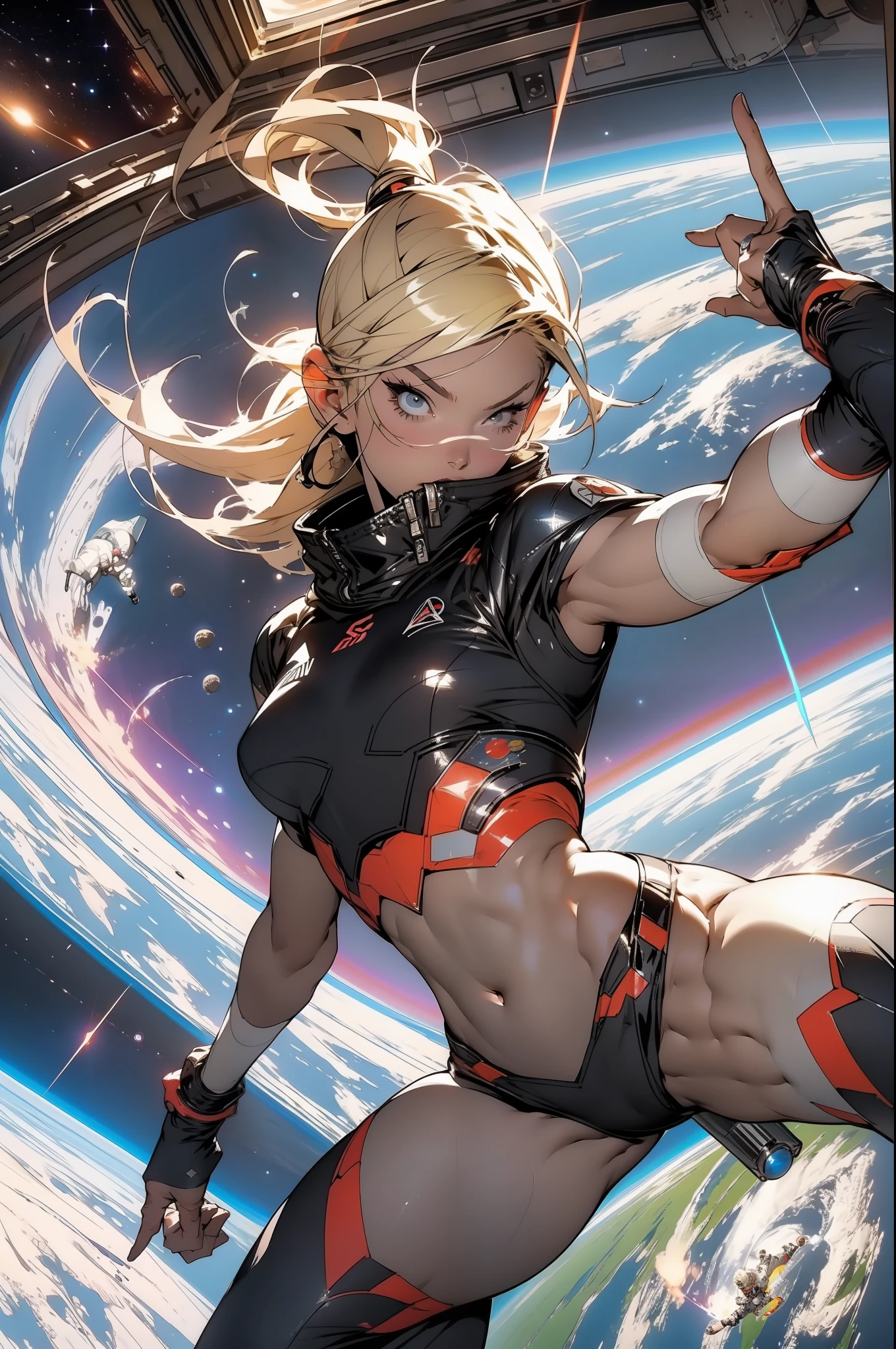 A bombastic blonde with perfect body on a space station floating in space with Earth in the background, Full body in an action pose