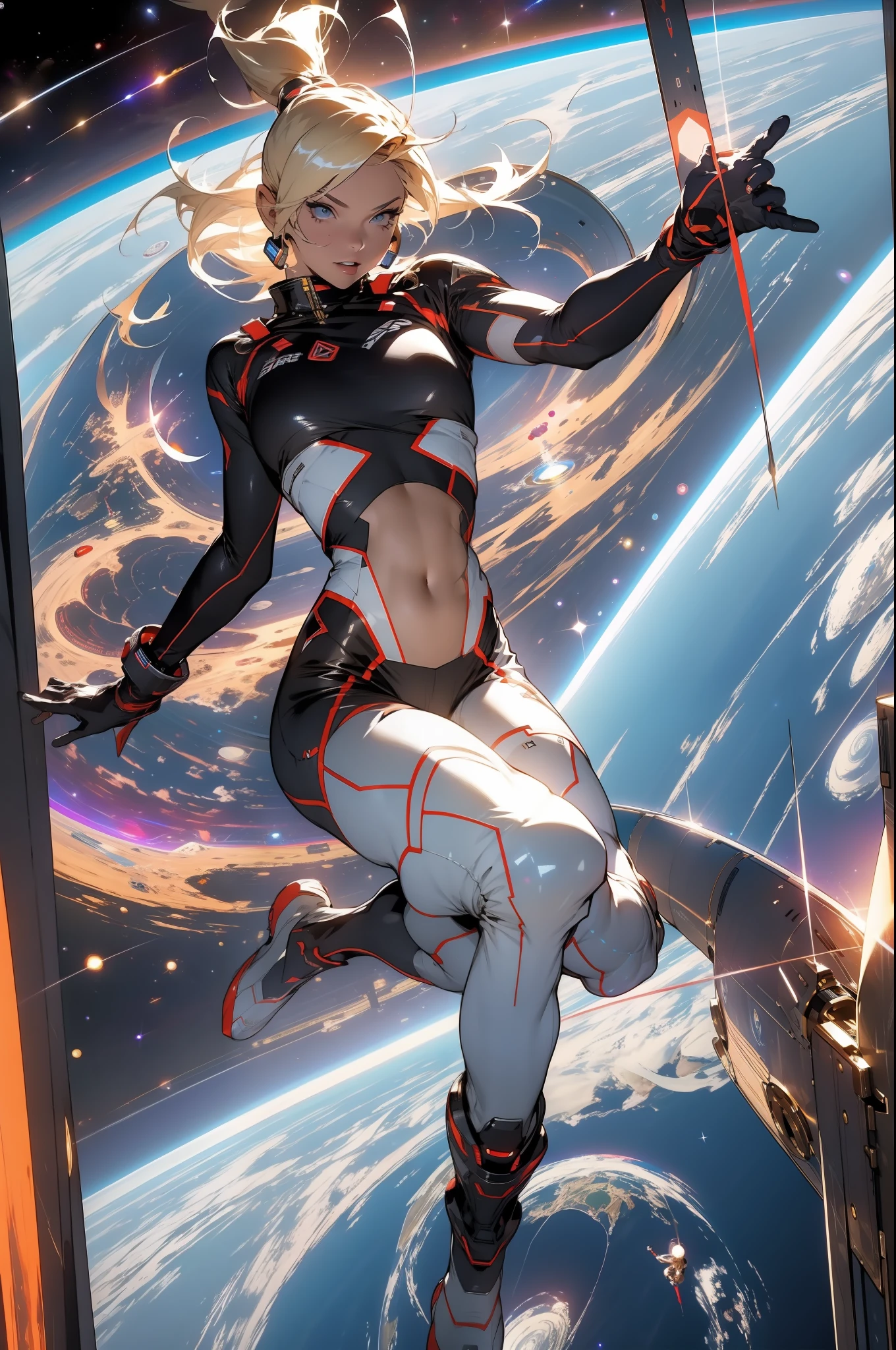 A bombastic blonde with perfect body on a space station floating in space with Earth in the background, Full body in an action pose