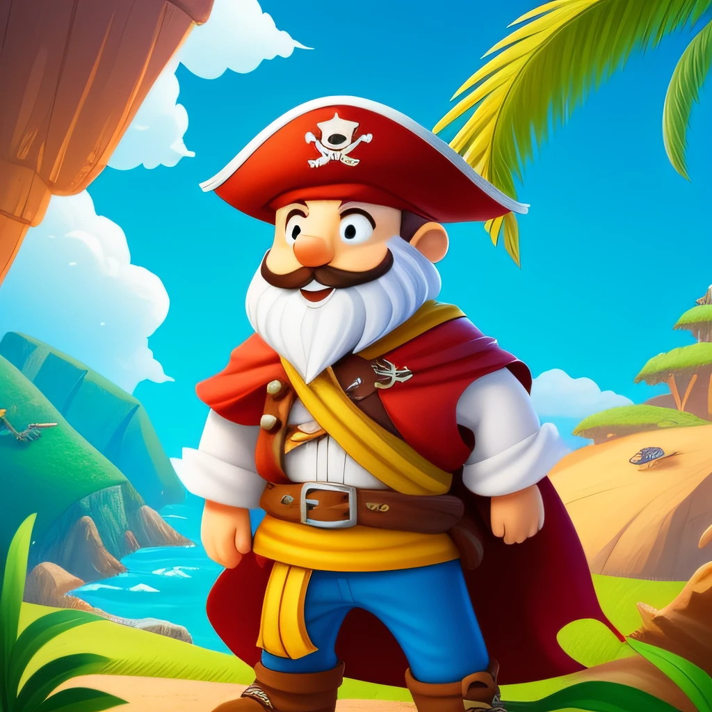 imagine Captain Adventure, various poses and expressions on white background, children's book ilustration style, simples, fofo, 6 anos, cores, cabelo castanho curto, alto, com barba curta e bem cuidada, cor lisa, white cotton shirt under a brown leather jacket with slightly rolled up sleeves, Loose and comfortable pants, with a characteristic pirate hat with a colorful feather on top, que se move na brisa do mar enquanto ele navega, with a red scarf tied around his neck. para livro de historias infantis, and leave the character in animation