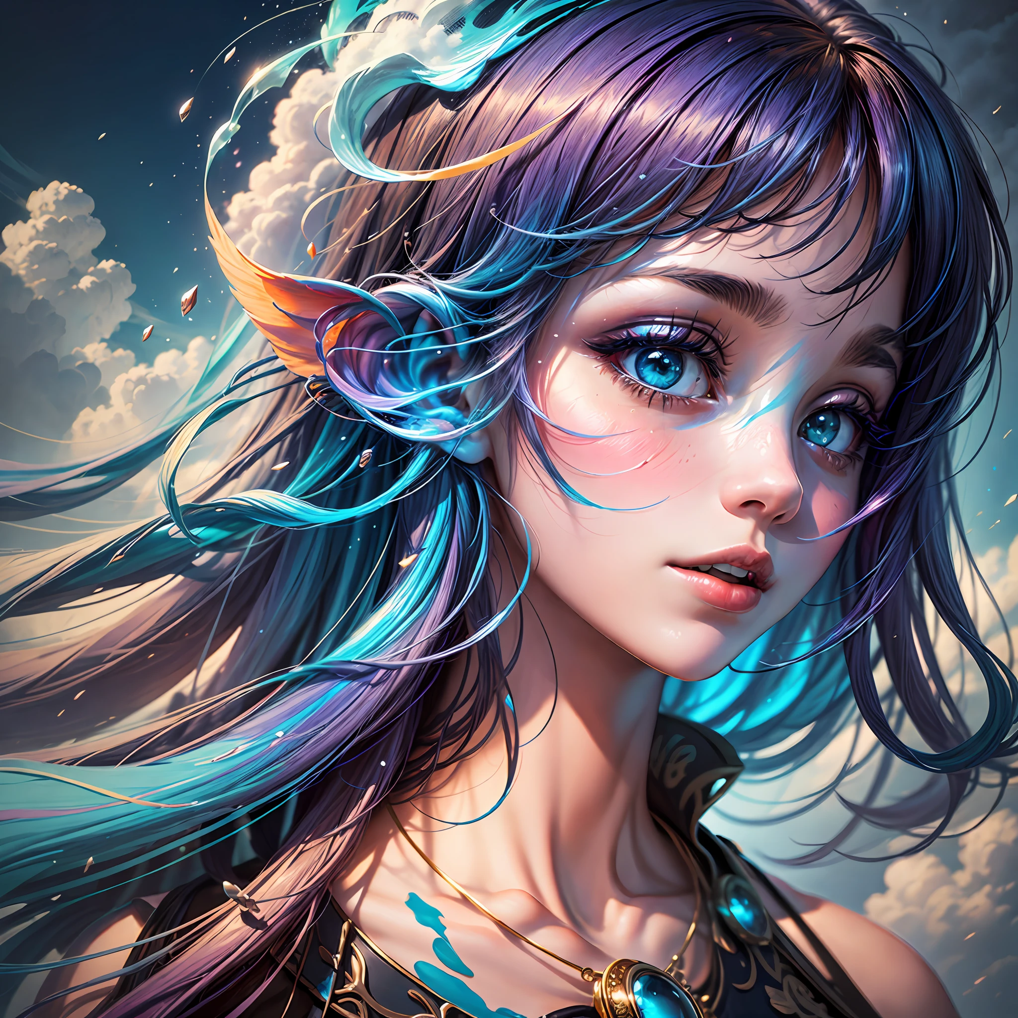 Step into a world of wonder with this captivating movie still. The scene is set in a cloud-filled sky, with the focus on a close-up shot of a 1girl. Her side face smoothly blends into liquid paint rainbow hair, giving her an otherworldly appearance. The clouds surround her, creating a dreamy and ethereal background. The heavy strokes and artistic motifs inspired by Bauhaus lend an abstract touch to the image. The atmosphere exudes happiness, with soft lighting enhancing the girl's enchanting beauty. This stunning masterpiece is executed in a 1:1 aspect ratio, emphasizing its artistic uniqueness and attention to detail.