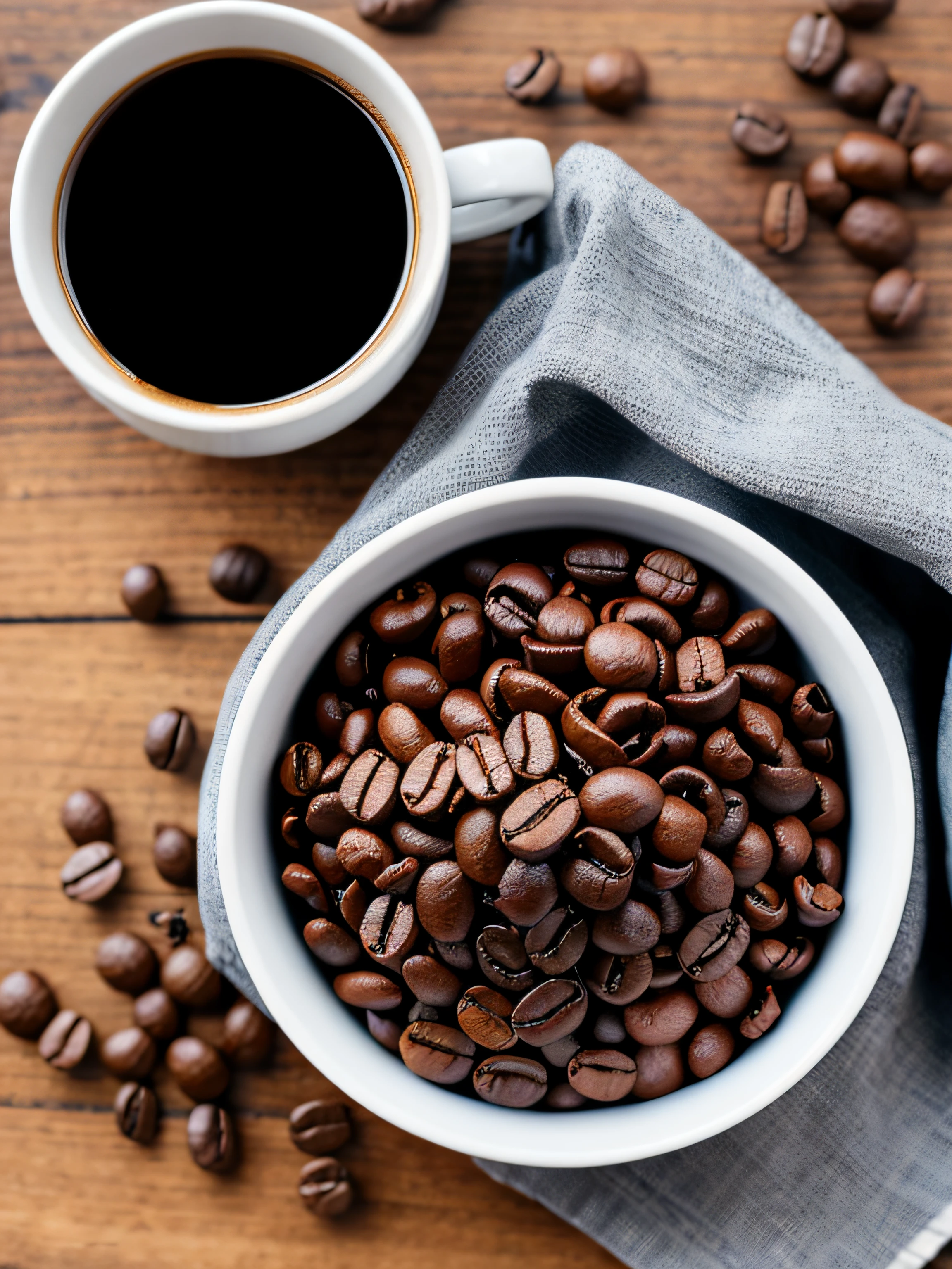 roasted coffee and beans spread over on a cloth photographed with a 35mm HDR ultra realistic macro camera